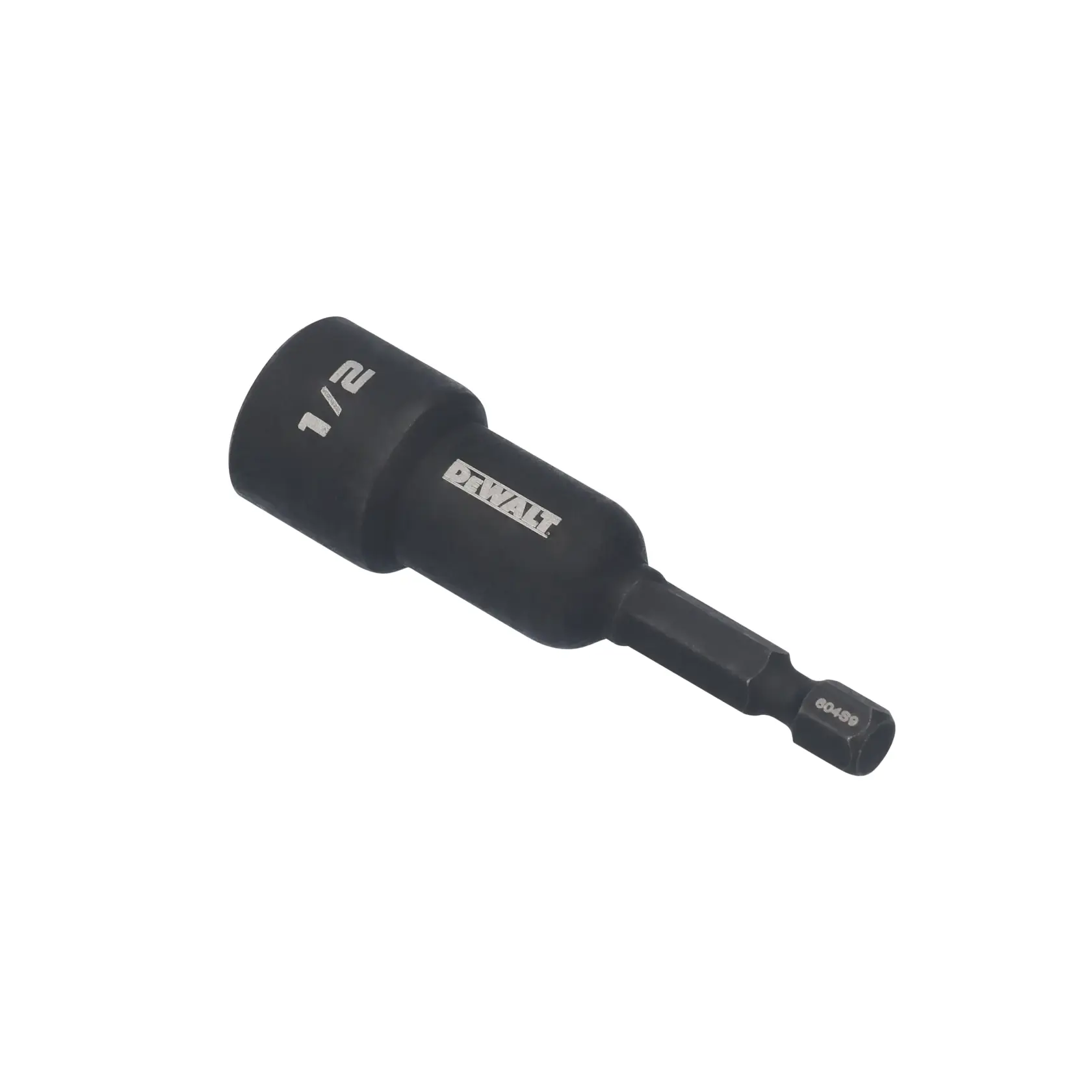 DEWALT DWAFE12ND black 1/2 inch nut driver bit, side angle, hex shank, on white background.
