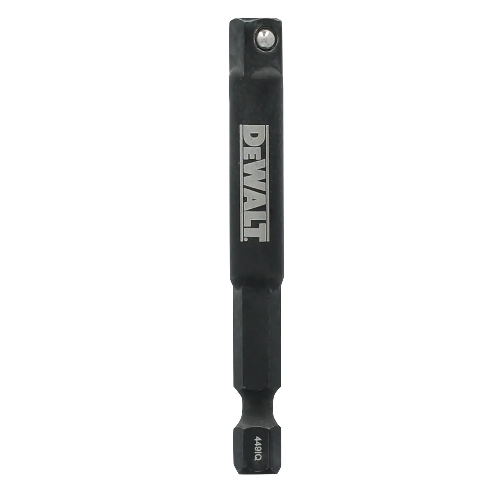 A DEWALT branded black metal bit adapter, designed for power tools, shown vertically against a white background.
