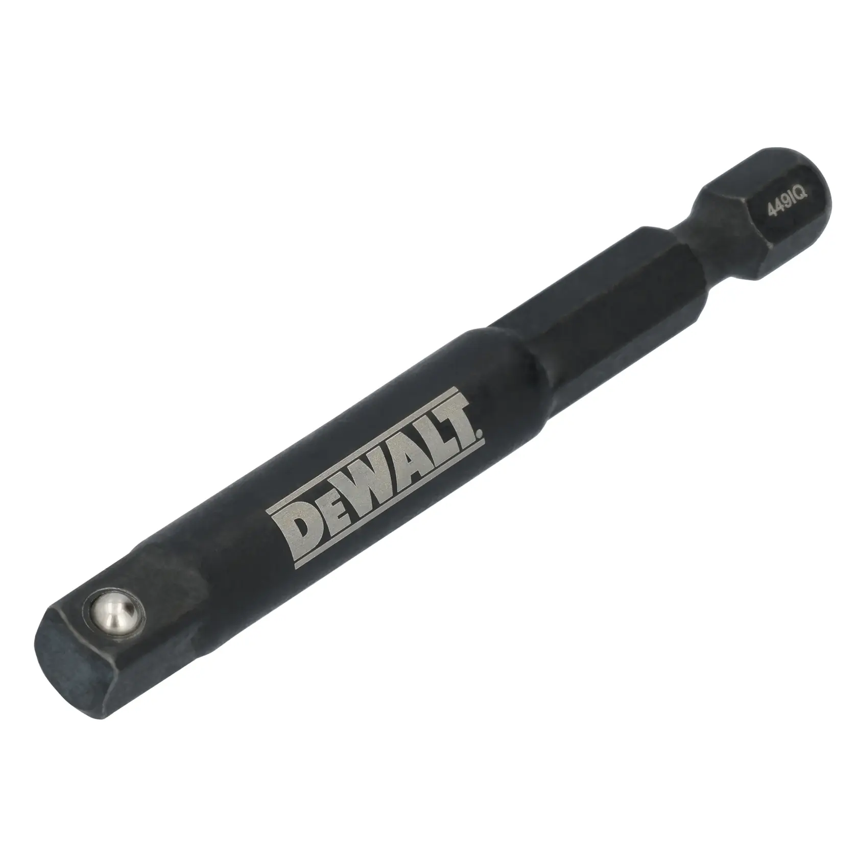 A DEWALT branded black metal adapter bit, used for connecting tools or sockets, lying on a white background.