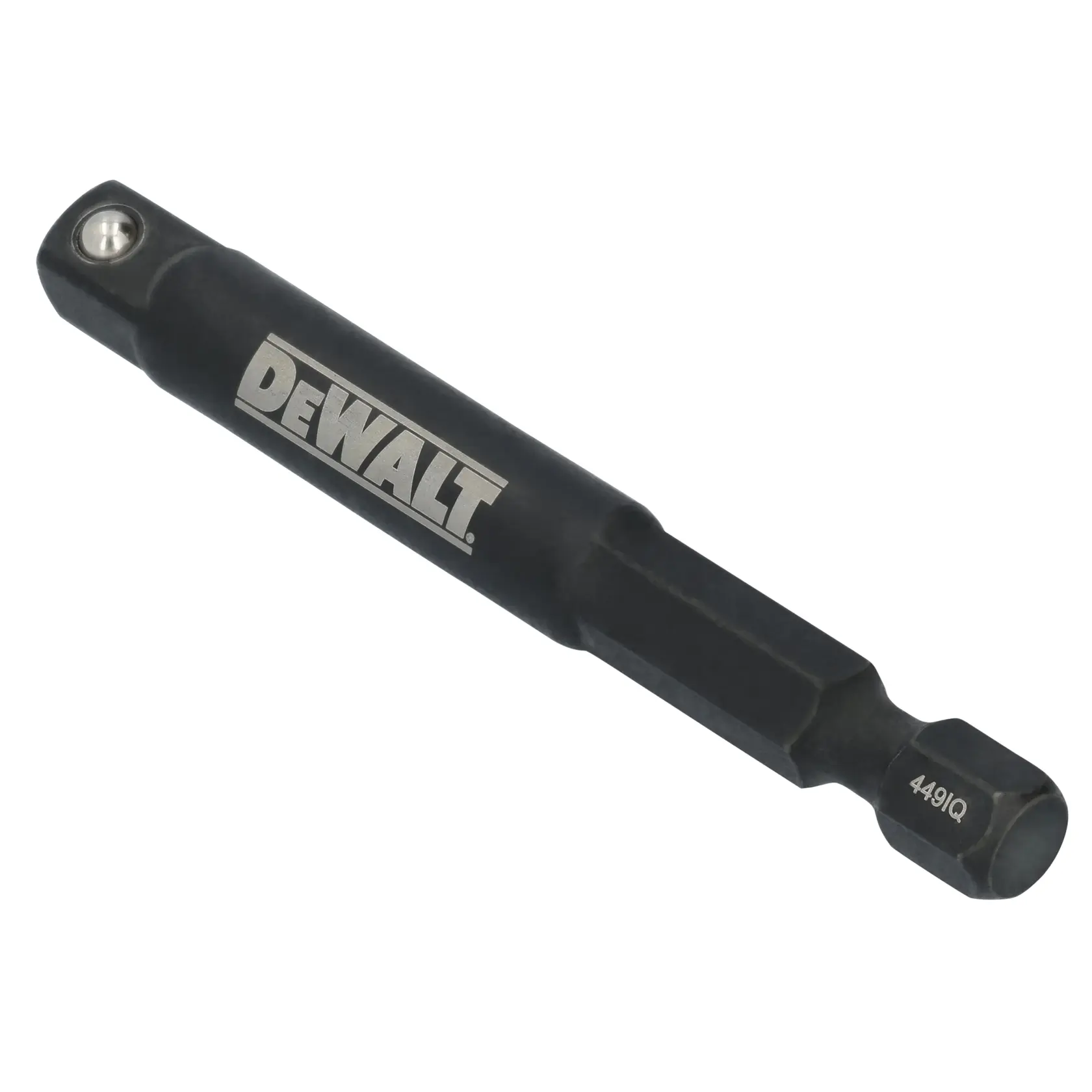 A DEWALT branded black drill bit adapter with a hexagonal shank and metal locking pin, designed for use with power tools.