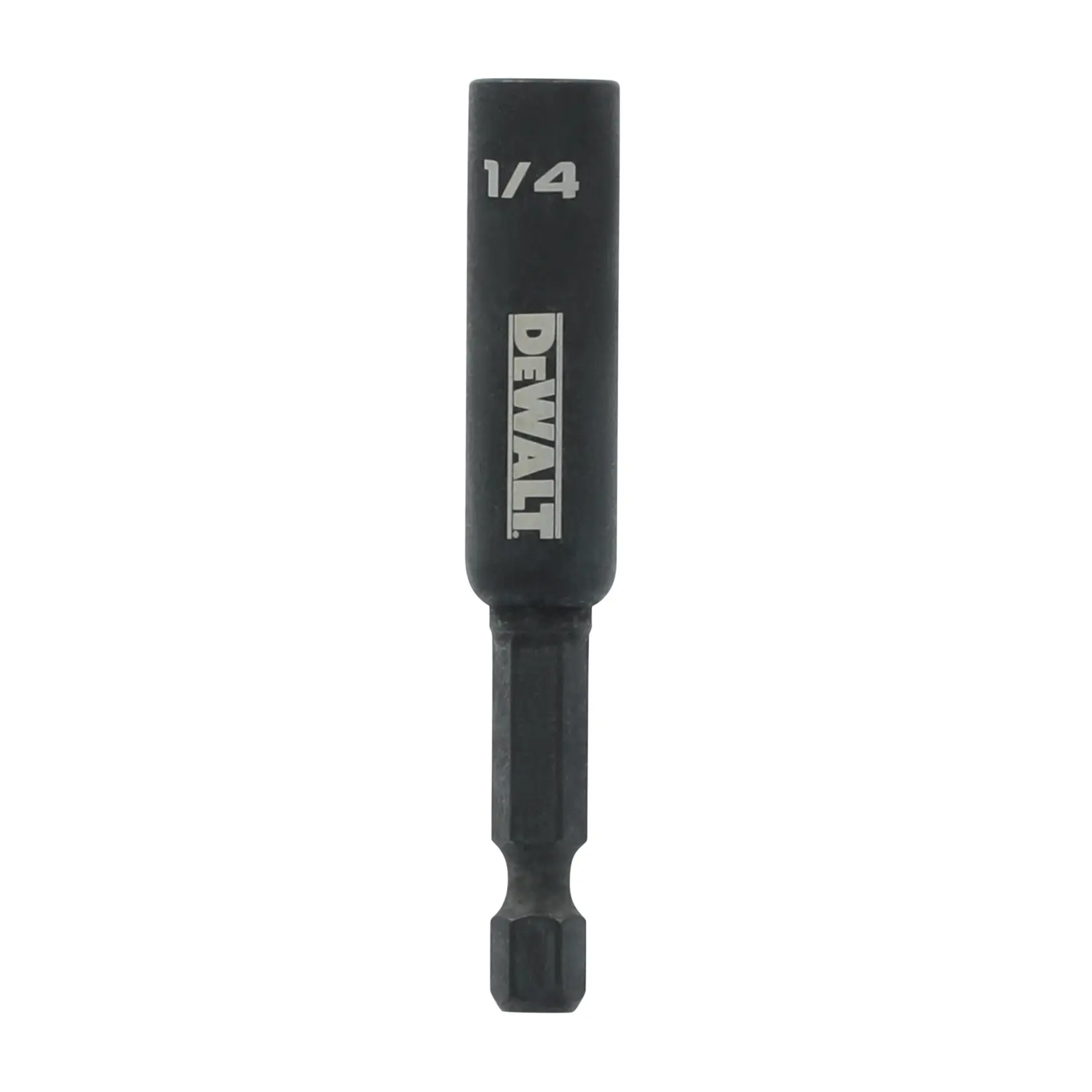 A DEWALT 1/4 inch magnetic nut driver with a black finish and a hex shank, designed for use with power drills.