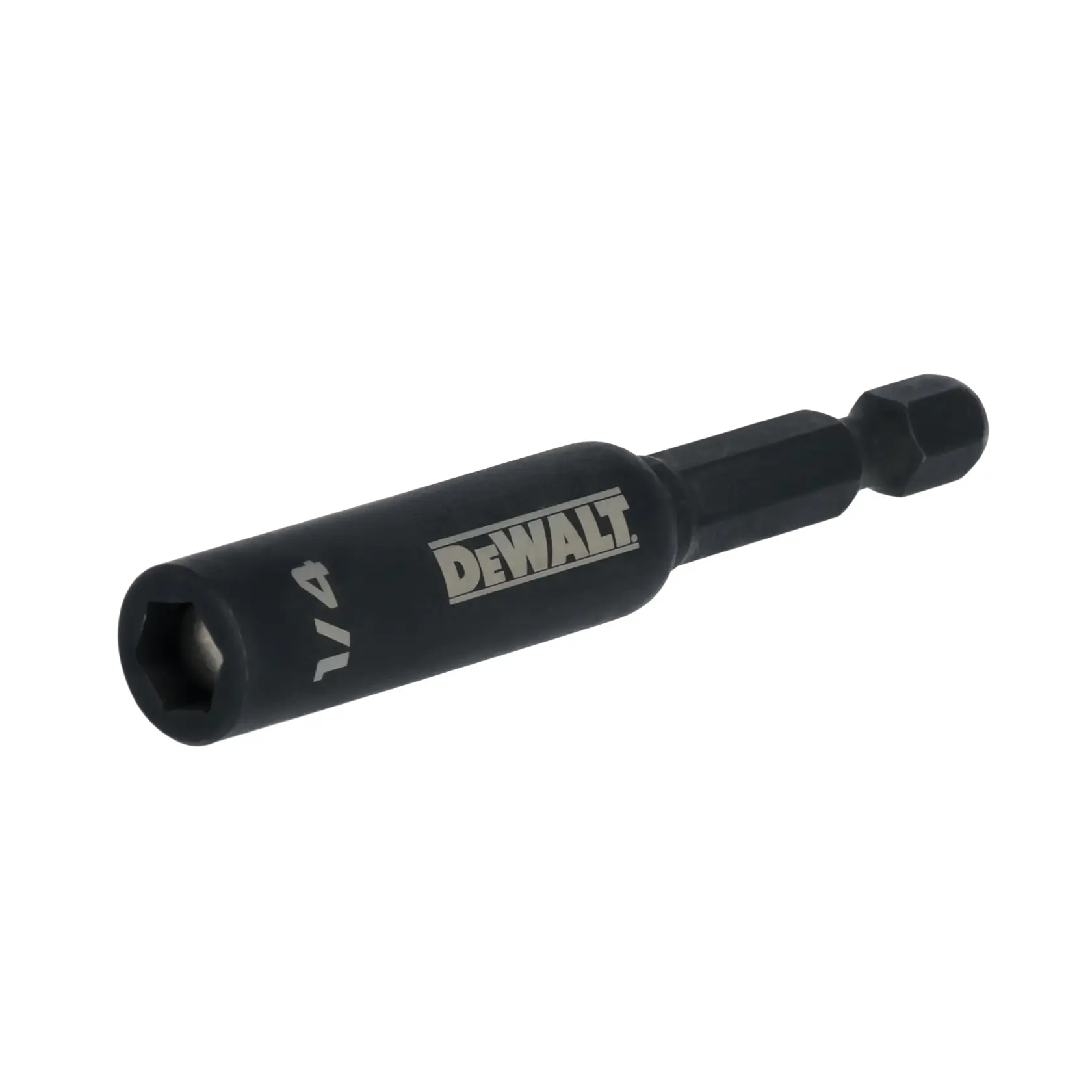 A DEWALT 1/4 inch hex shank magnetic nut driver with a black finish, designed for use with power drills and drivers.