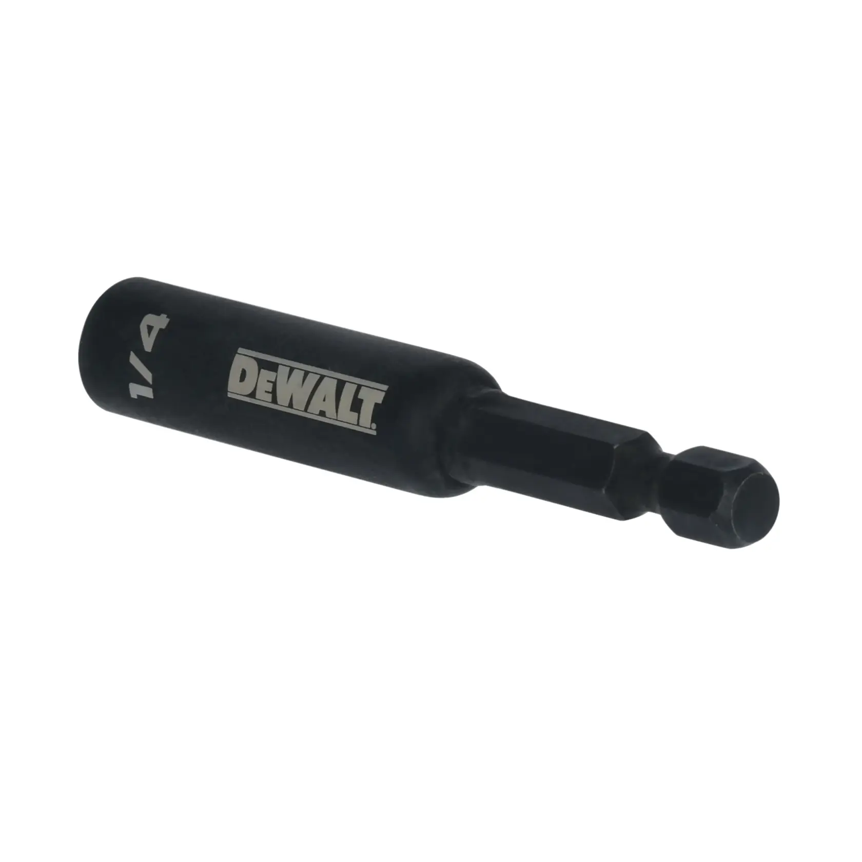 A DEWALT branded black 1/4 inch hex shank drill bit holder with a hexagonal shaft, designed for use with power tools.