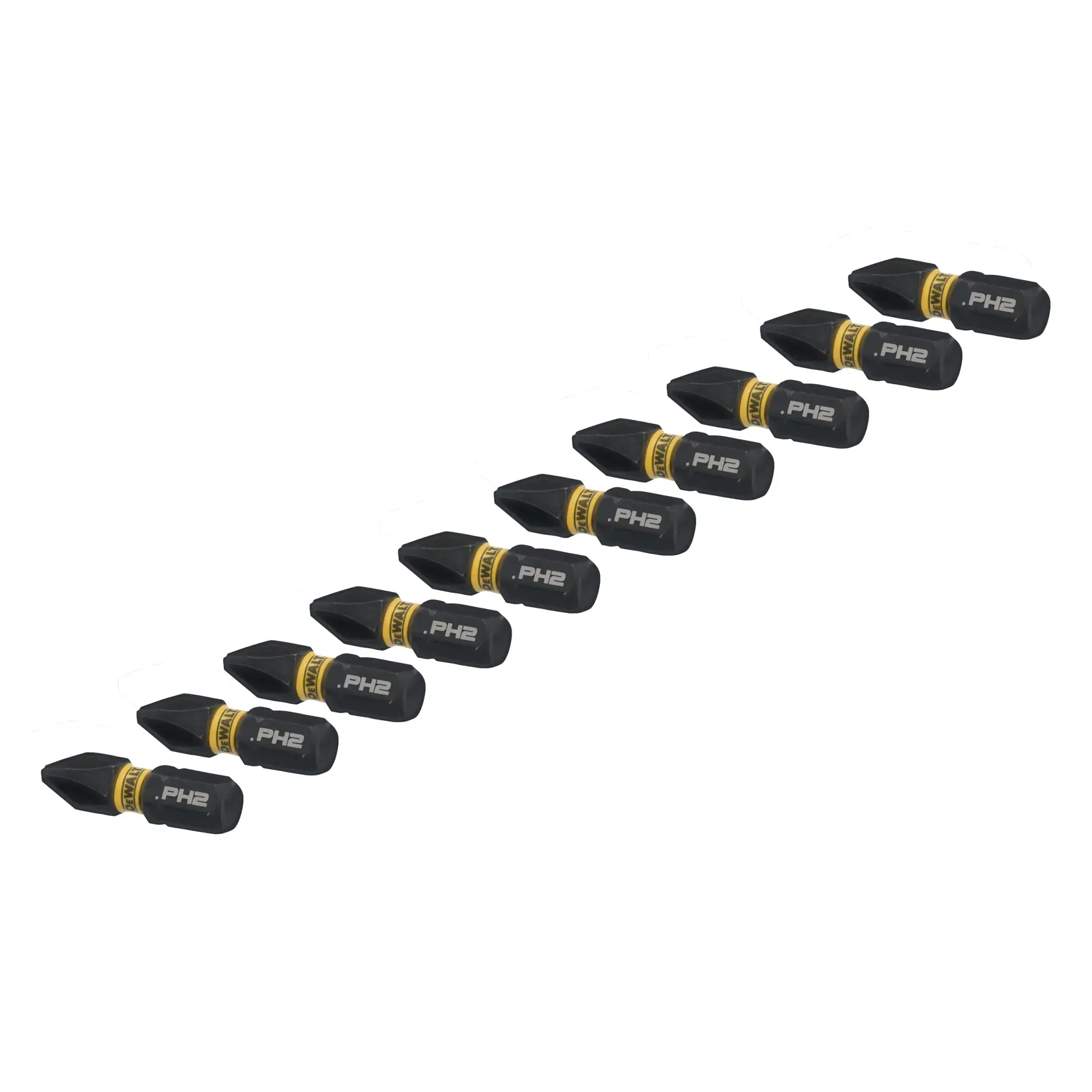 A set of ten DEWALT PH2 impact screwdriver bits with black and yellow coloring, arranged in a diagonal row on a white background.