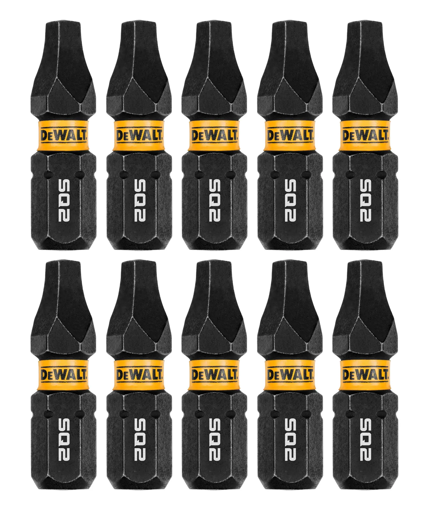 Ten DEWALT brand SQ2 screwdriver bits are arranged in two rows, each bit featuring a yellow band with the DEWALT logo and clearly marked 'SQ2' in white lettering.