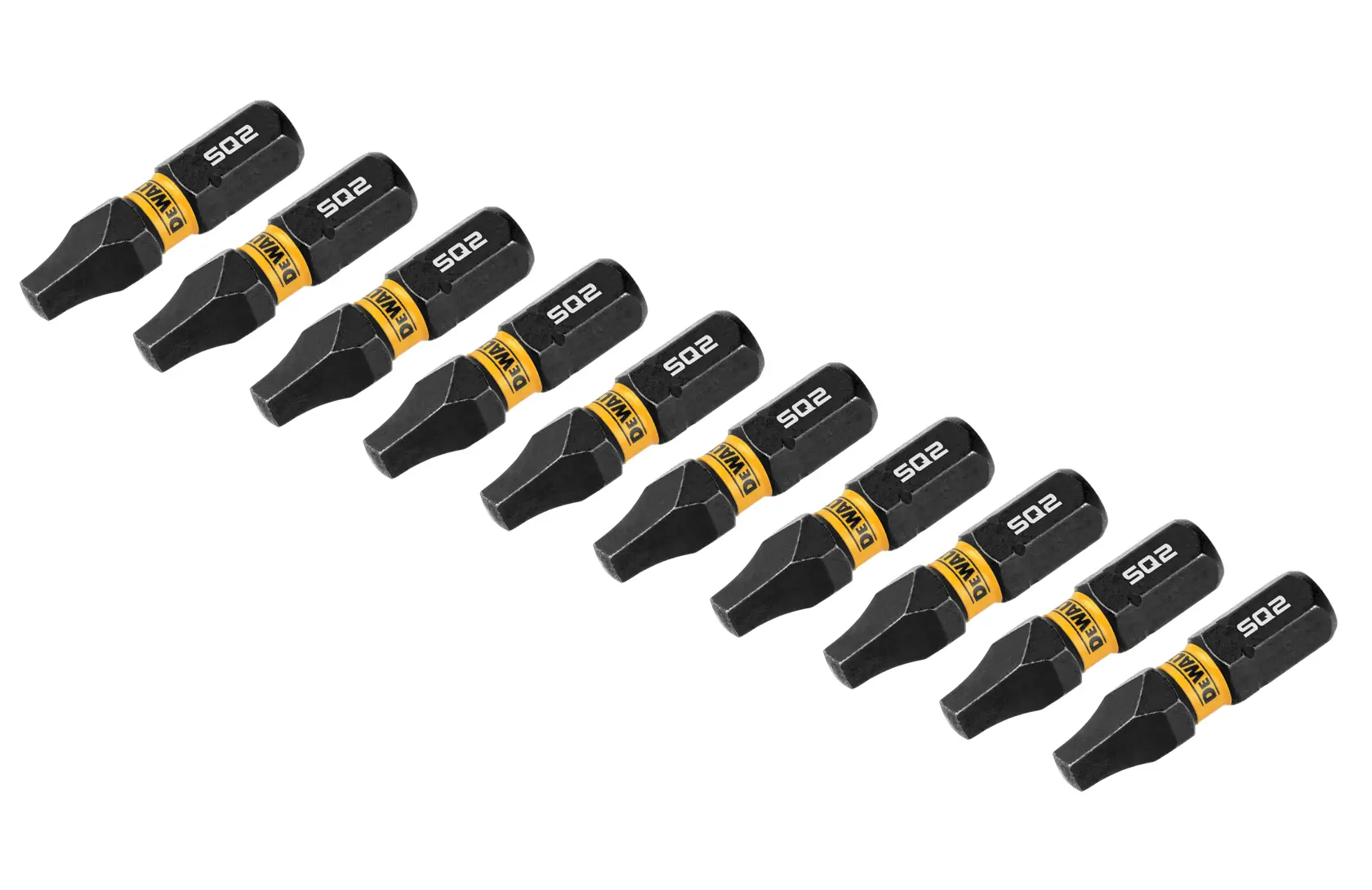 A set of ten DEWALT branded black screwdriver bits with yellow markings, arranged diagonally on a white background.