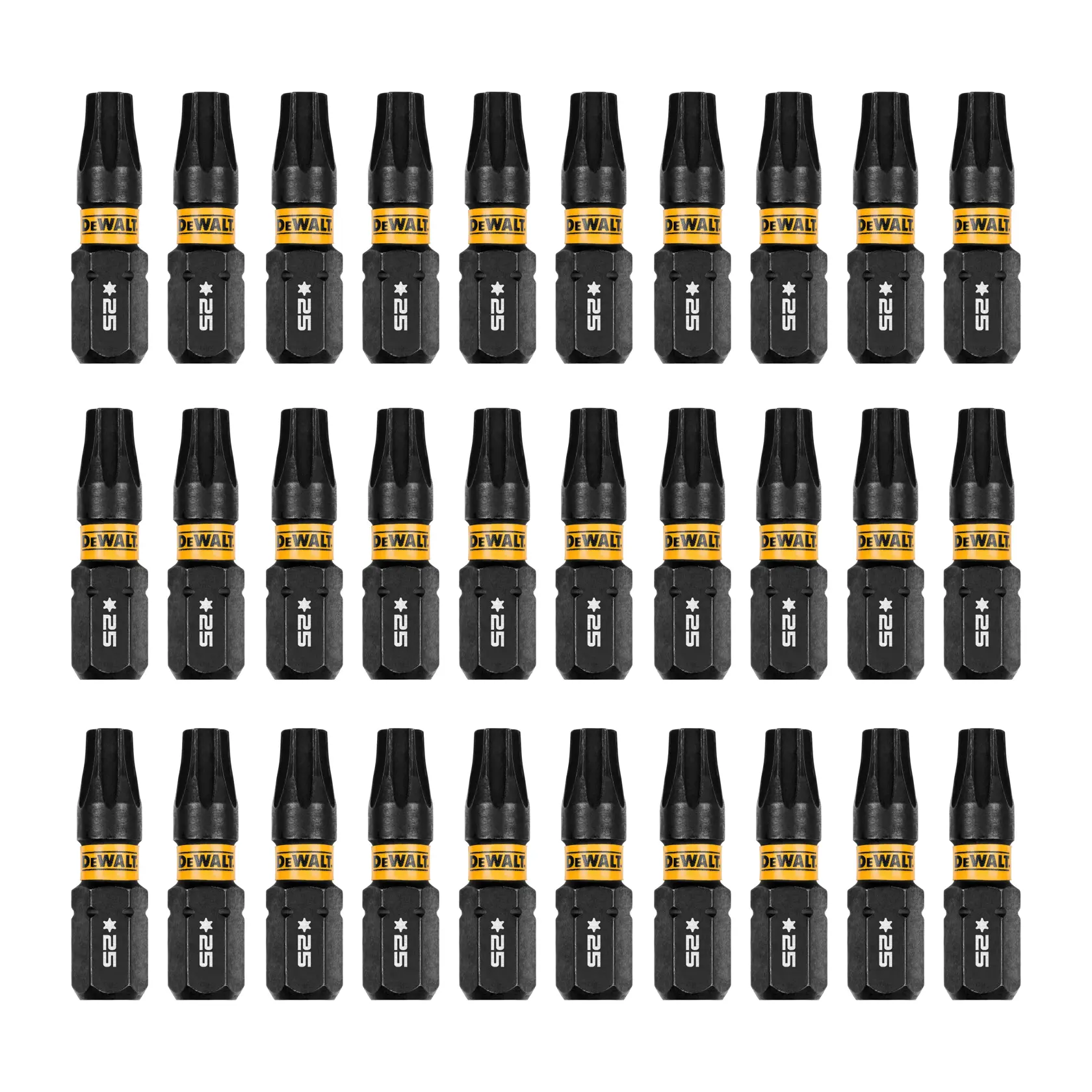 Thirty DEWALT branded impact driver bits with TX25 markings are arranged in three rows on a white background.