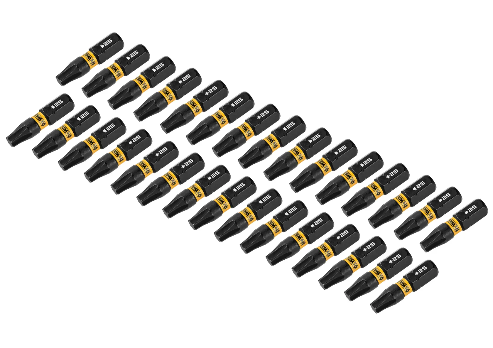 A set of thirty black and yellow DEWALT T25 star drive impact-ready screwdriver bits arranged diagonally on a white background.