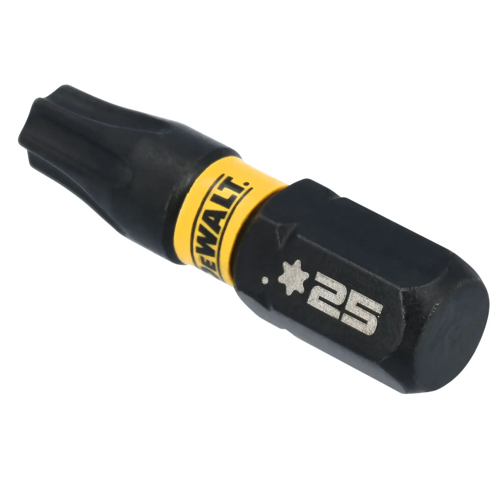 A close-up image of a DEWALT branded screwdriver bit, specifically a Torx T25 size, with a yellow collar and black body.
