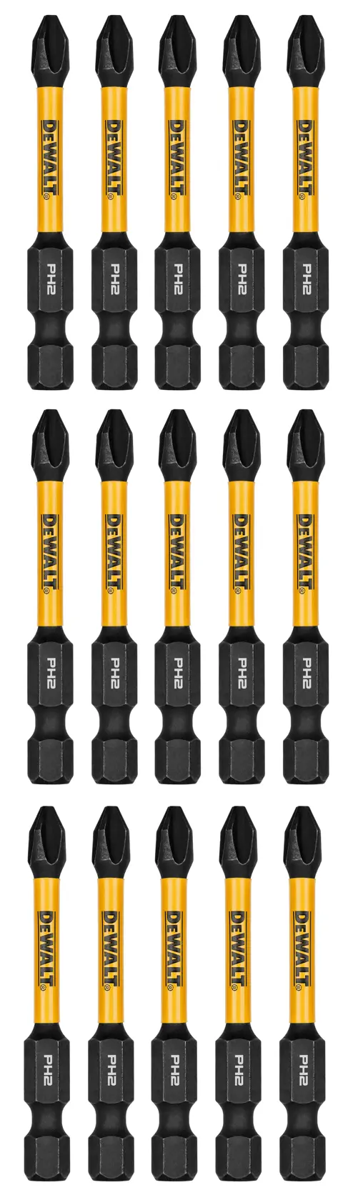 Fifteen DEWALT brand Phillips impact driver bits, arranged in three rows. The bits are yellow with black ends and labeled PH2.