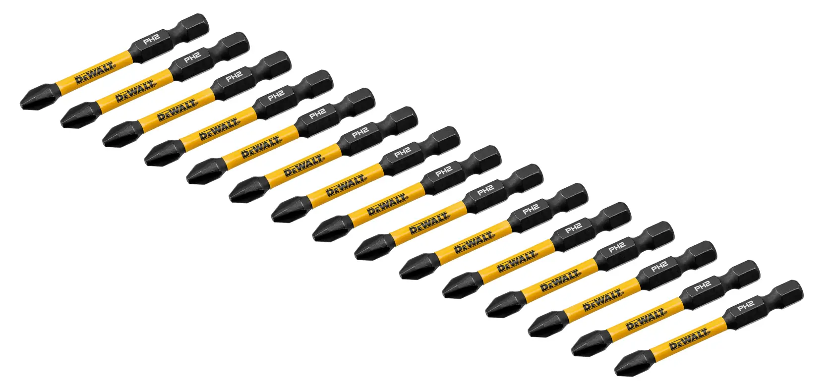 A set of fifteen DEWALT yellow and black screwdriver bits arranged diagonally on a white background. Each bit has a Phillips head and is marked with 'PH2' and 'DEWALT' branding.