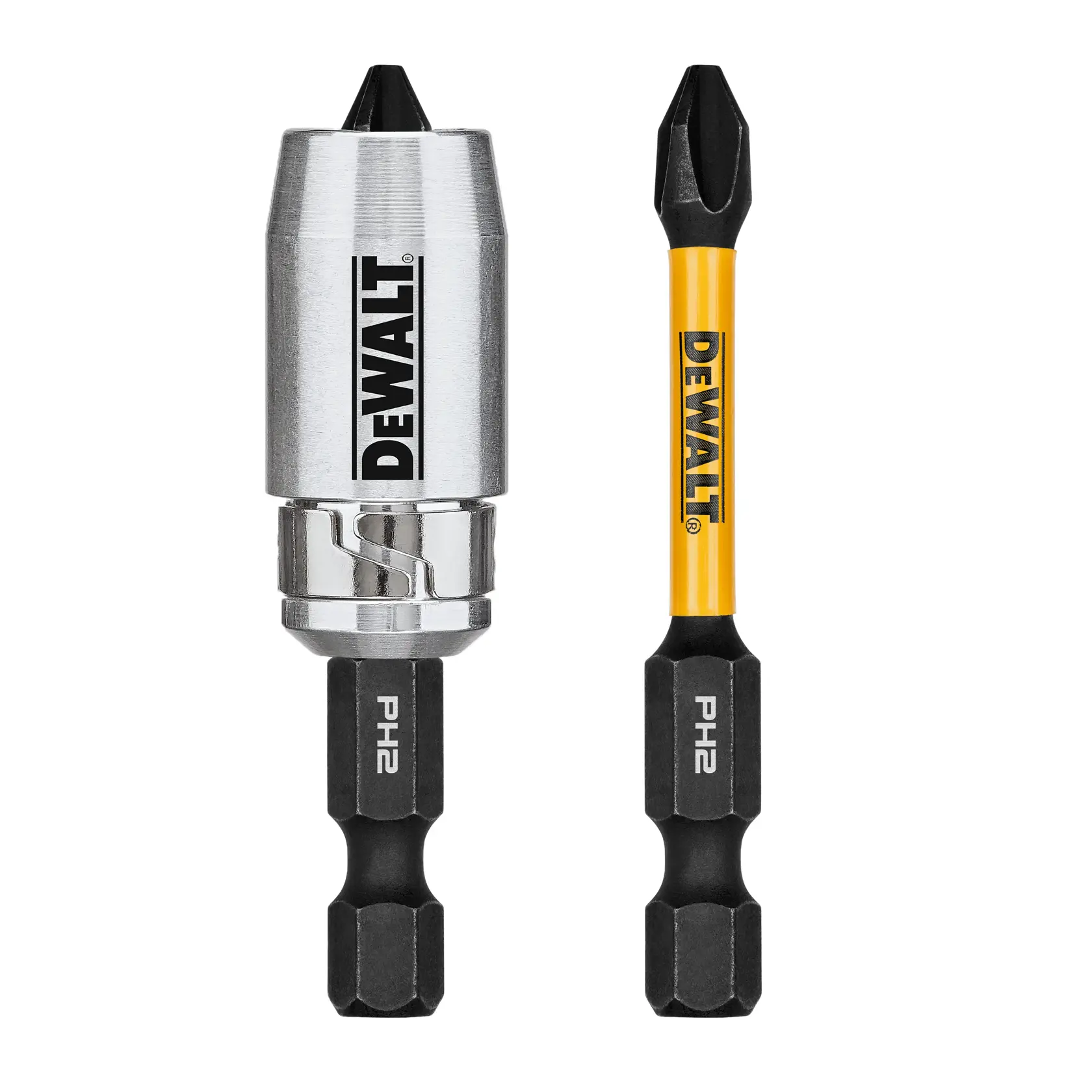 Two DEWALT branded Phillips screwdriver bits, one with a metallic sleeve and the other with a yellow shank, both labeled PH2.