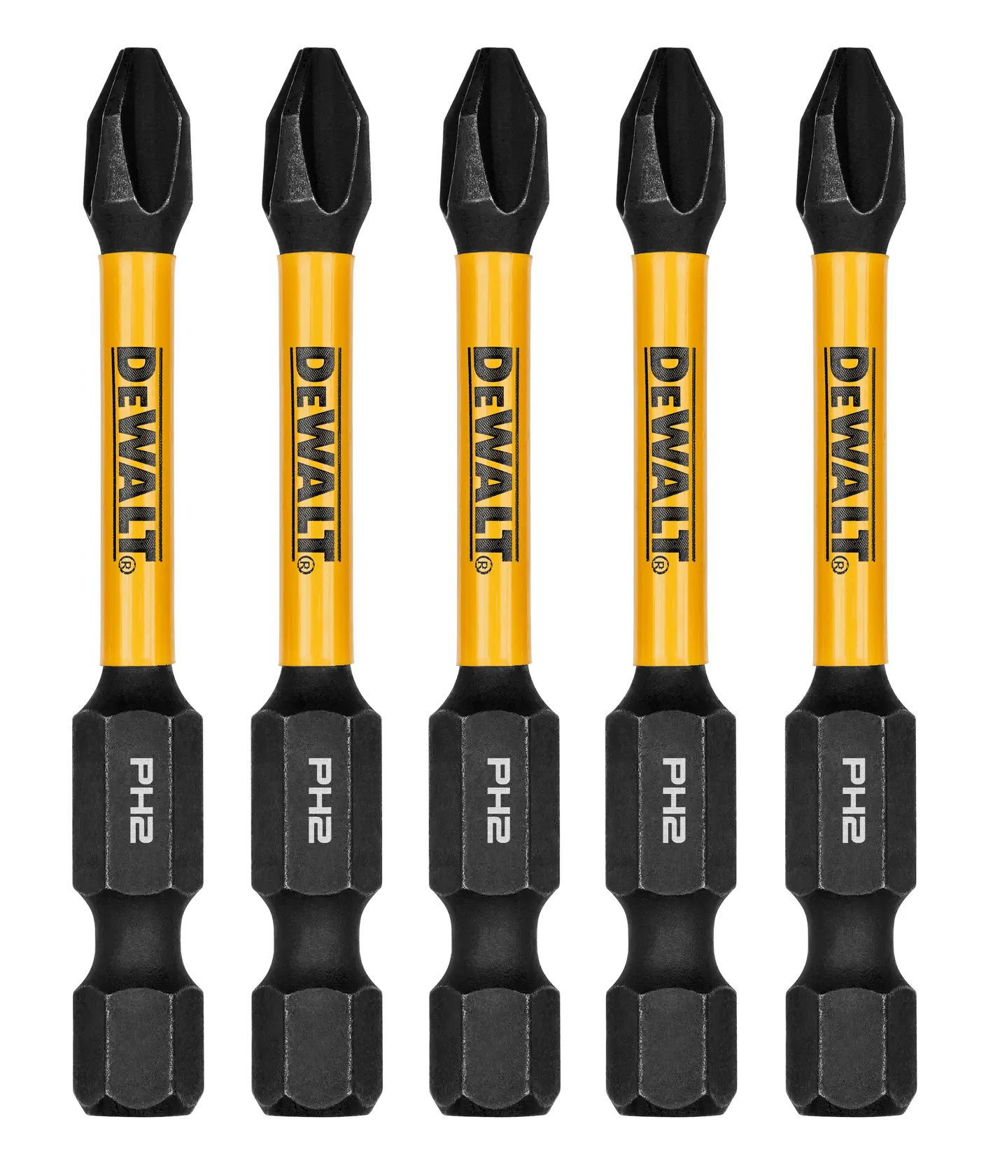 Five DEWALT branded Phillips #2 screwdriver bits with yellow shafts and black tips, arranged in a row.