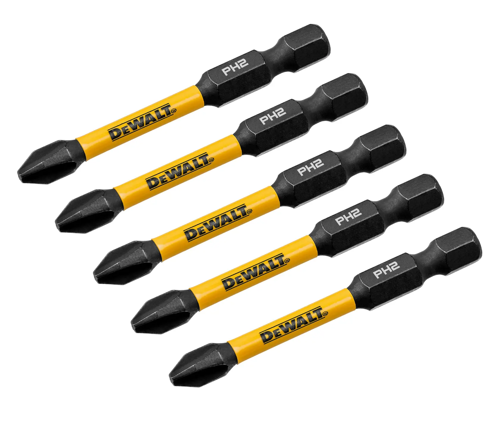 Five DEWALT PH2 screwdriver bits with yellow shafts and black tips, arranged in a row on a white background.