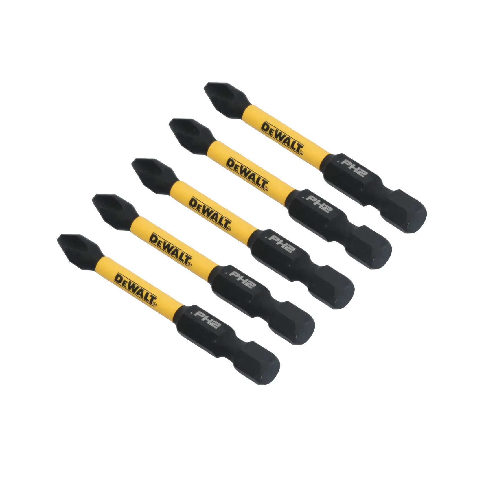 Five DEWALT branded screwdriver bits with yellow and black design, labeled PH2, arranged in a diagonal line on a white background.