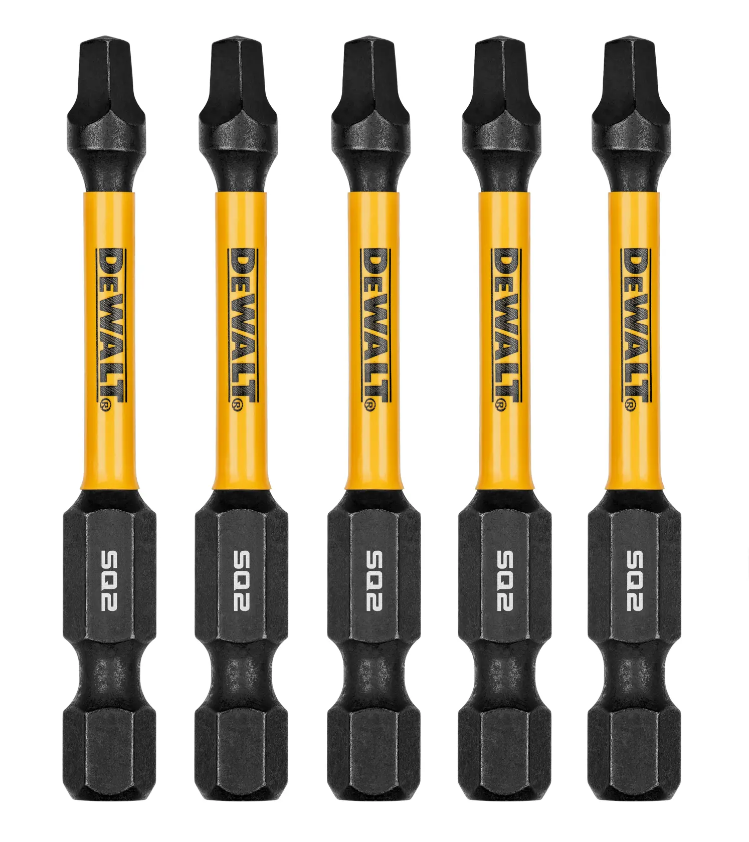Five DEWALT branded square drive screwdriver bits with yellow shaft and black tips, arranged vertically side by side.
