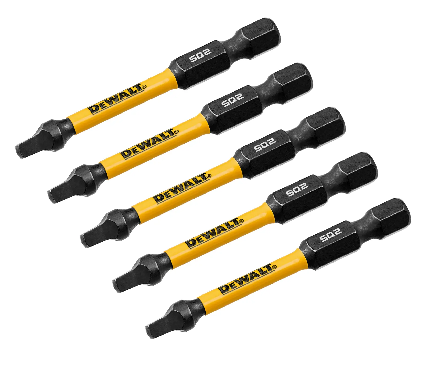 A set of five DEWALT yellow and black screwdriver bits designed for use with power tools. Each bit has 'S02' marked on the black section and the DEWALT logo on the yellow shaft. The bits are arranged diagonally on a white background.