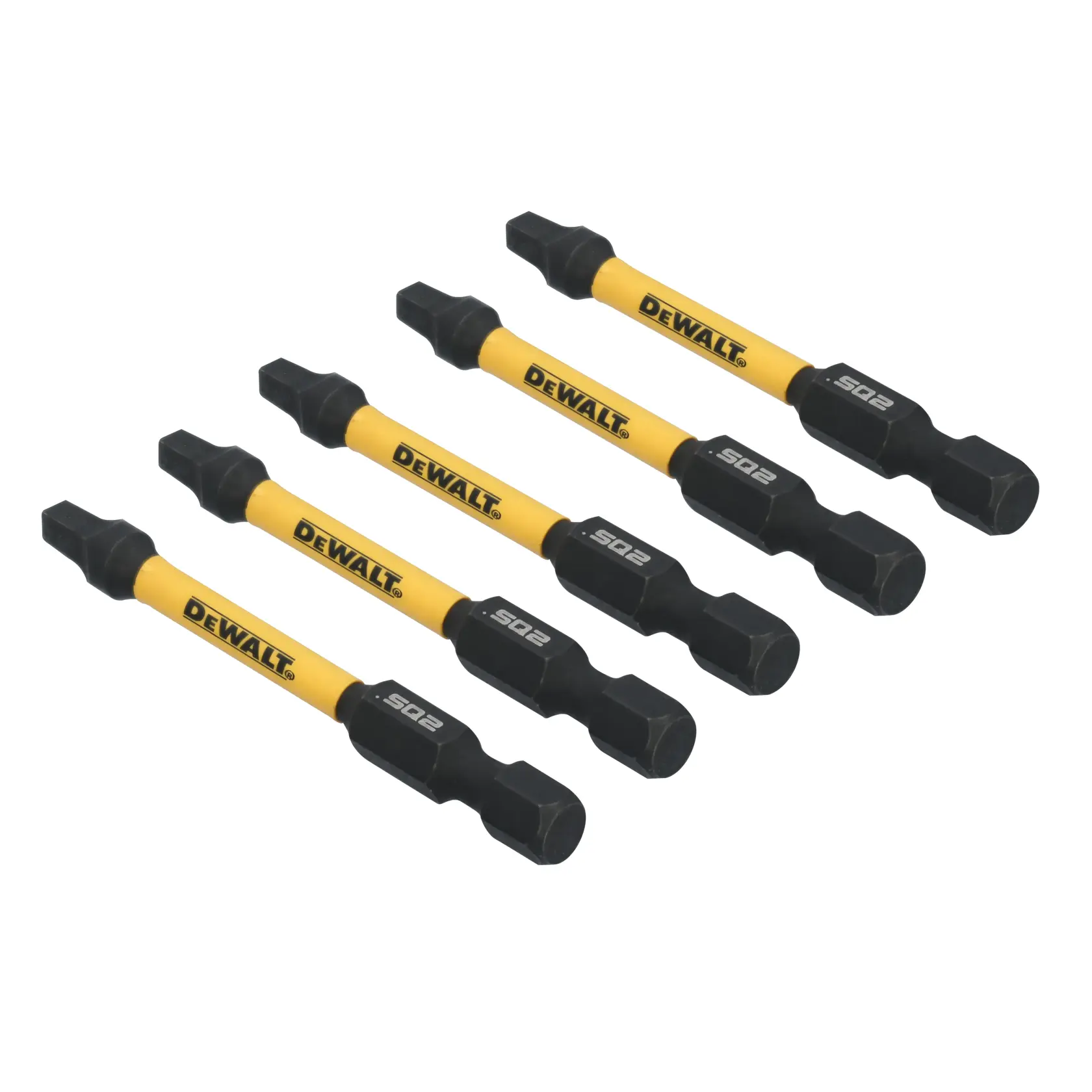 Five DEWALT branded yellow and black screwdriver bits arranged in a diagonal row, designed for use with power tools.