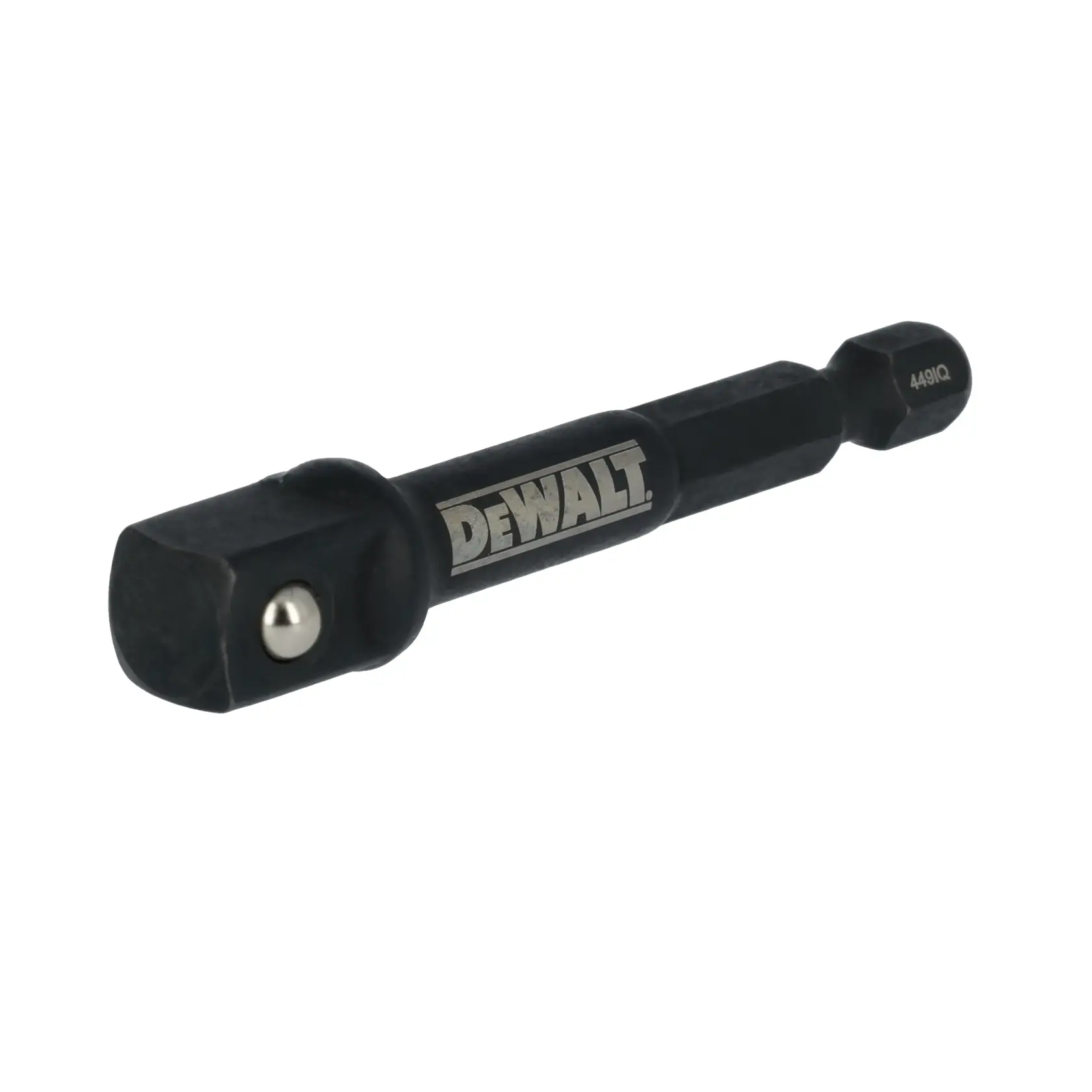 A close-up view of a DEWALT brand drill bit adapter, designed for connecting drill bits or sockets to power tools.