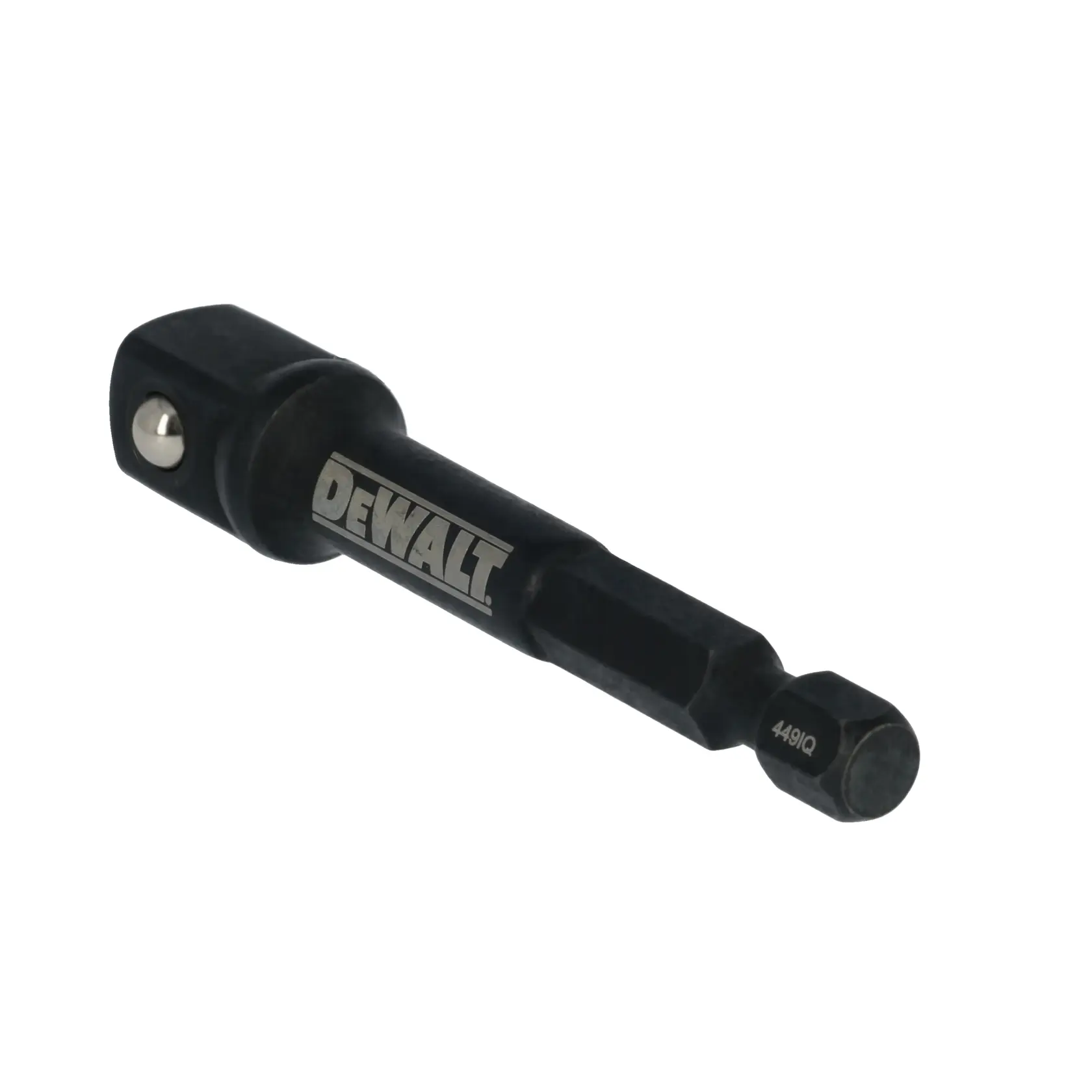 A DEWALT branded black drill bit adapter with a hex shank and a ball detent, photographed on a white background.