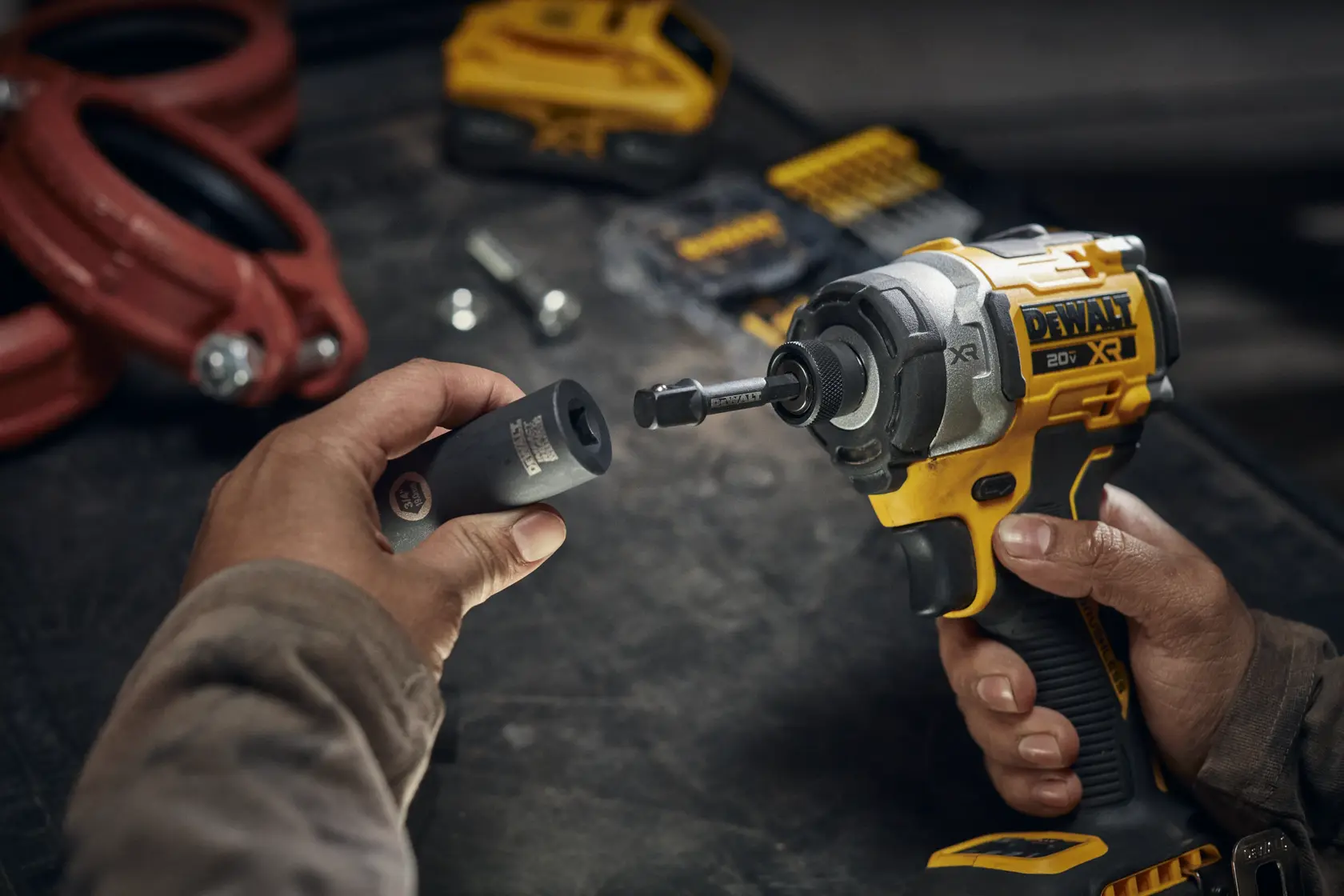 DEWALT 3/8 inch socket adapter from Elite Series, black metal tool with DEWALT logo and socket illustration.