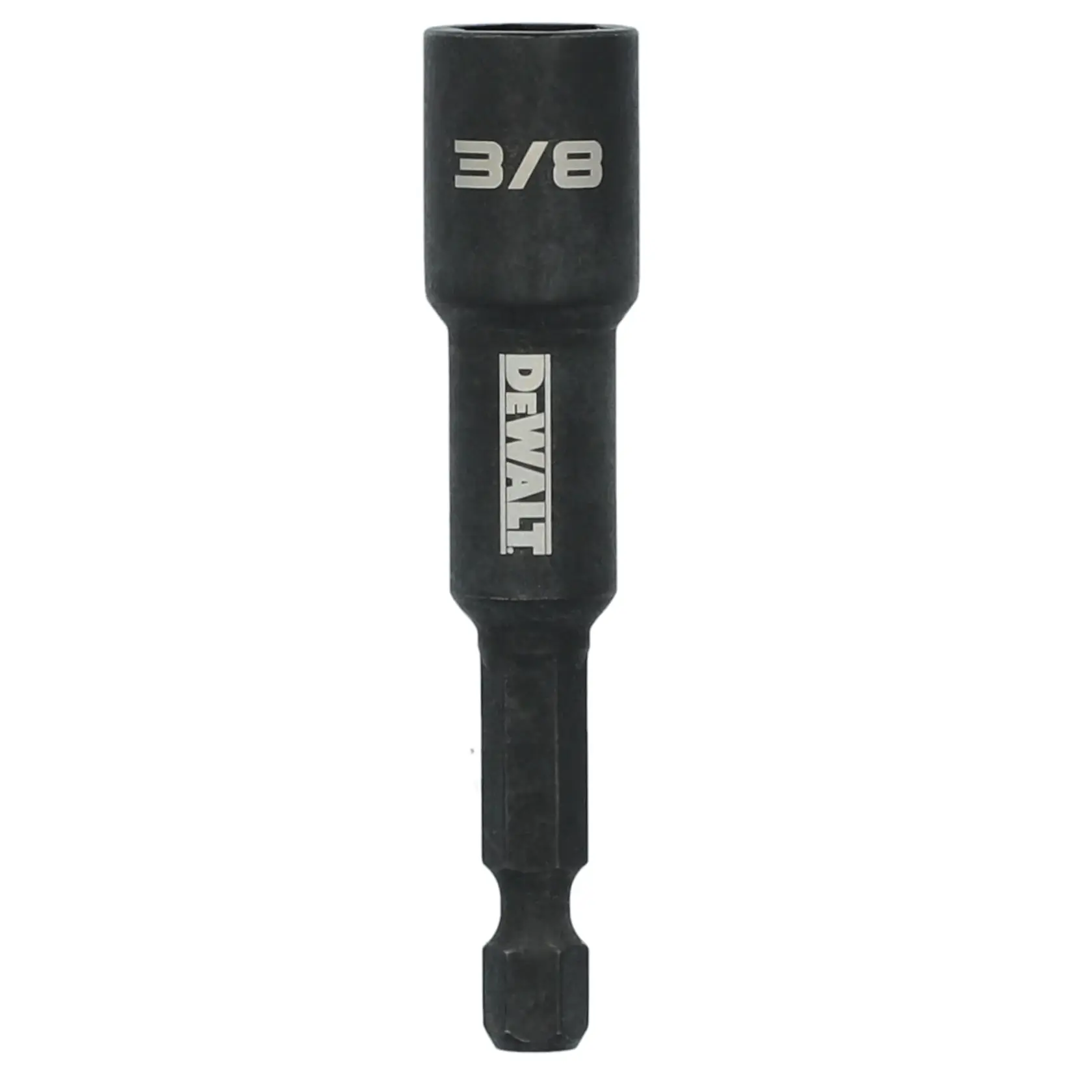 A DEWALT 3/8 inch hex shank magnetic nut driver, used for fastening nuts and bolts with a power drill.