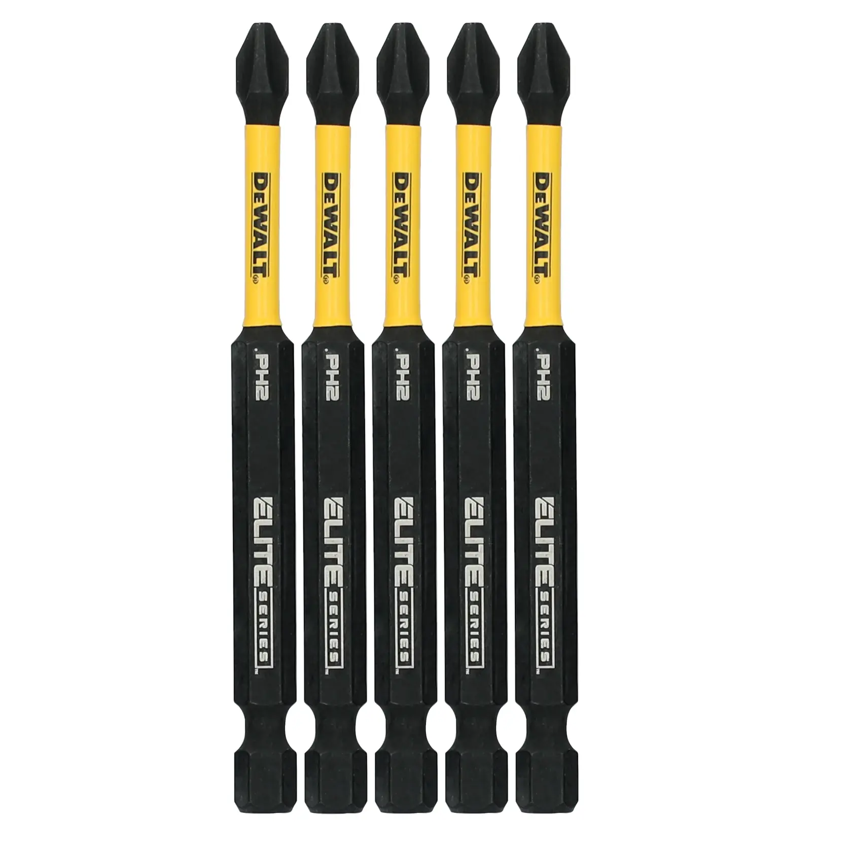 Five DEWALT Elite Series PH2 screwdriver bits with yellow and black coloring, arranged side by side in an upright position.