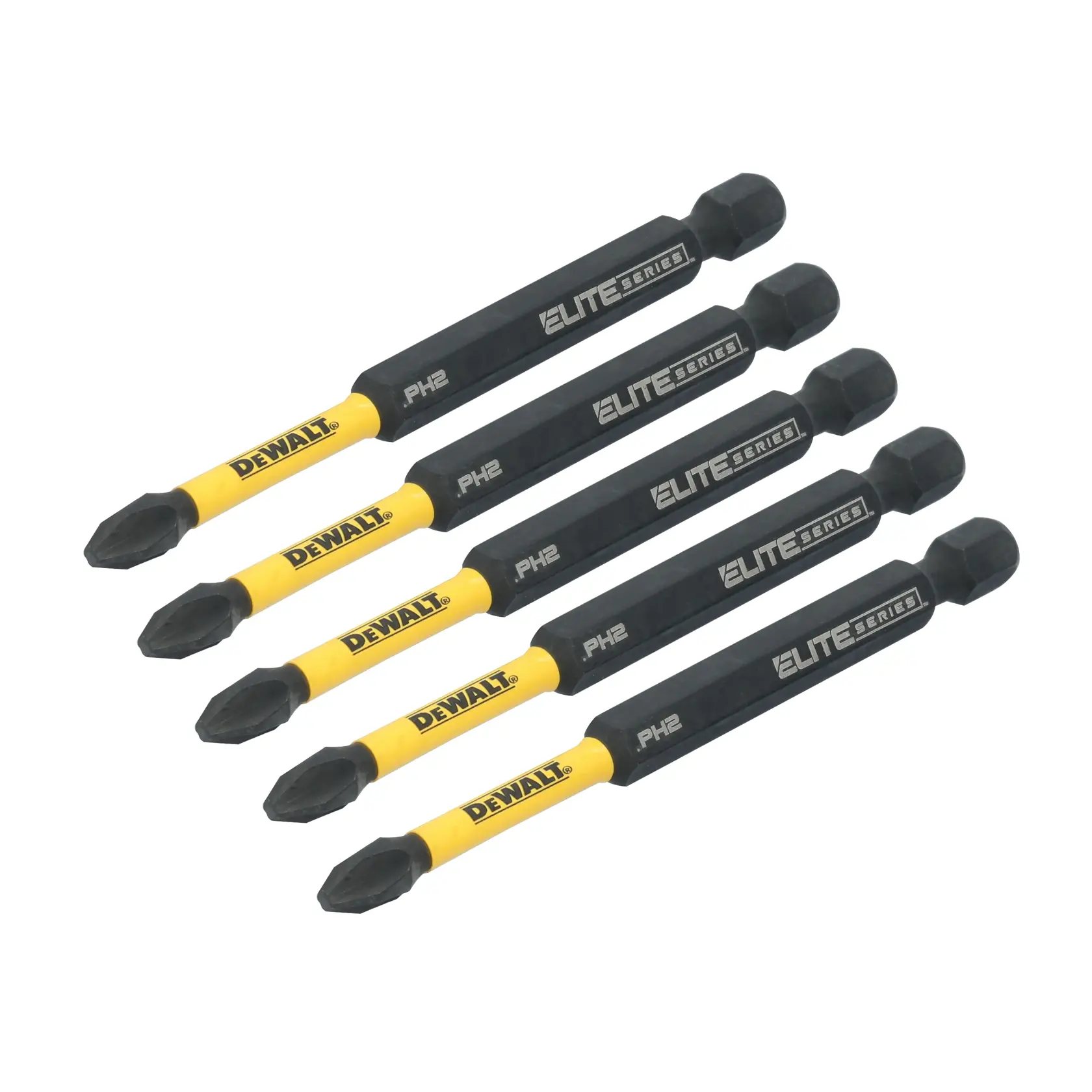 Five DEWALT ELITE SERIES PH2 screwdriver bits with yellow and black coloring, arranged side by side, designed for use with power tools.
