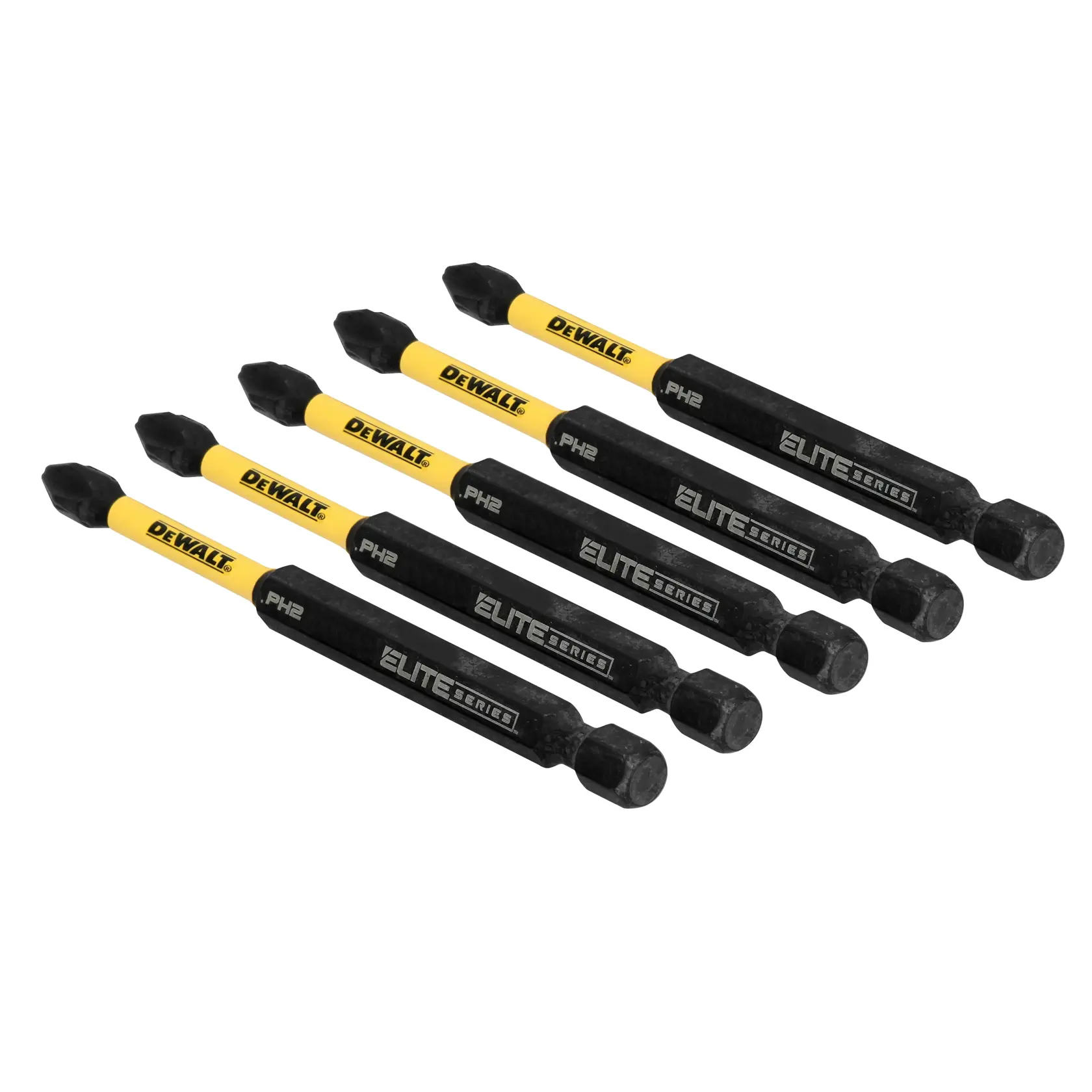 Five DEWALT Elite Series PH2 screwdriver bits with yellow shafts and black tips, displayed in a diagonal arrangement.