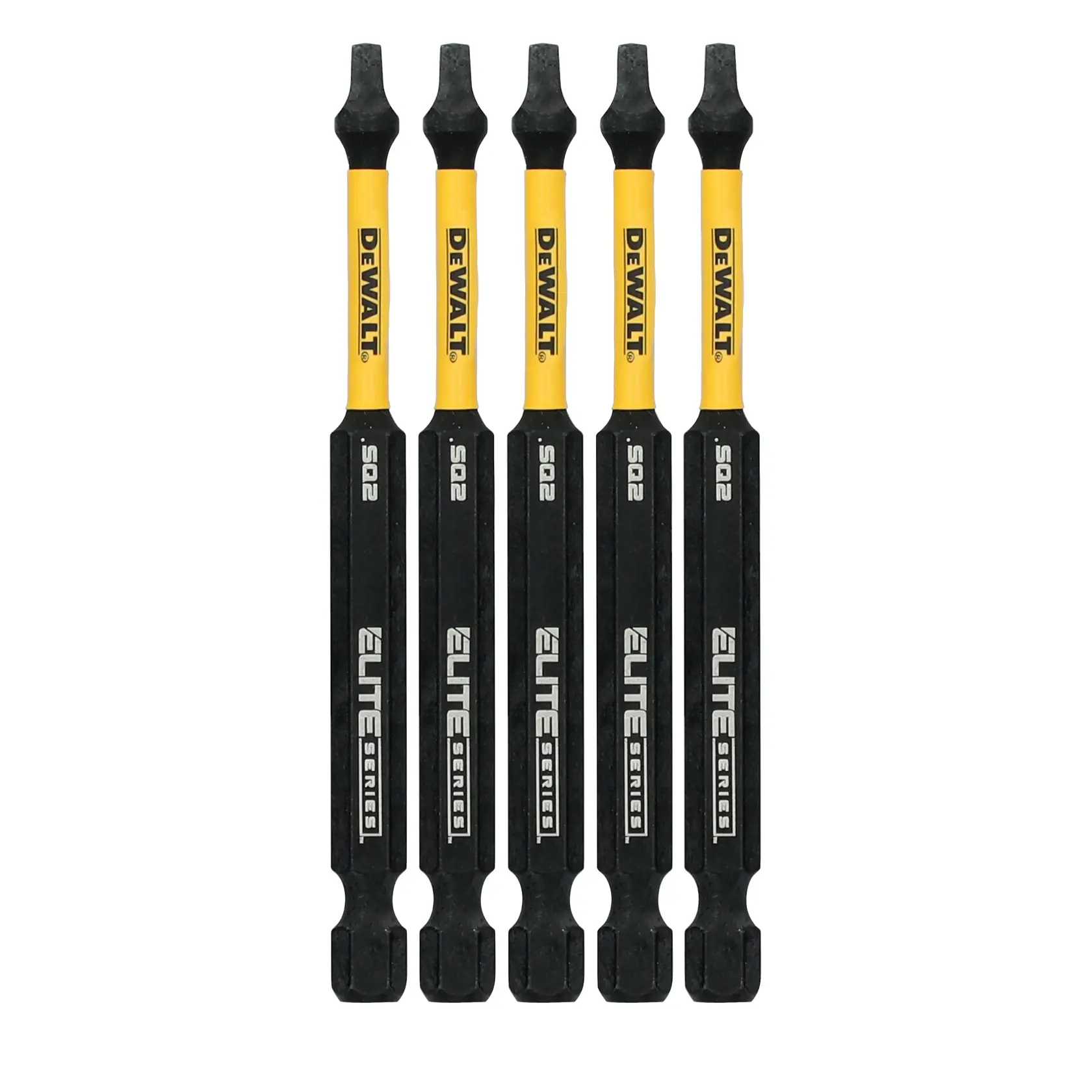 Four DEWALT Elite Series SQ2 impact screwdriver bits with yellow and black shafts, standing vertically side by side.