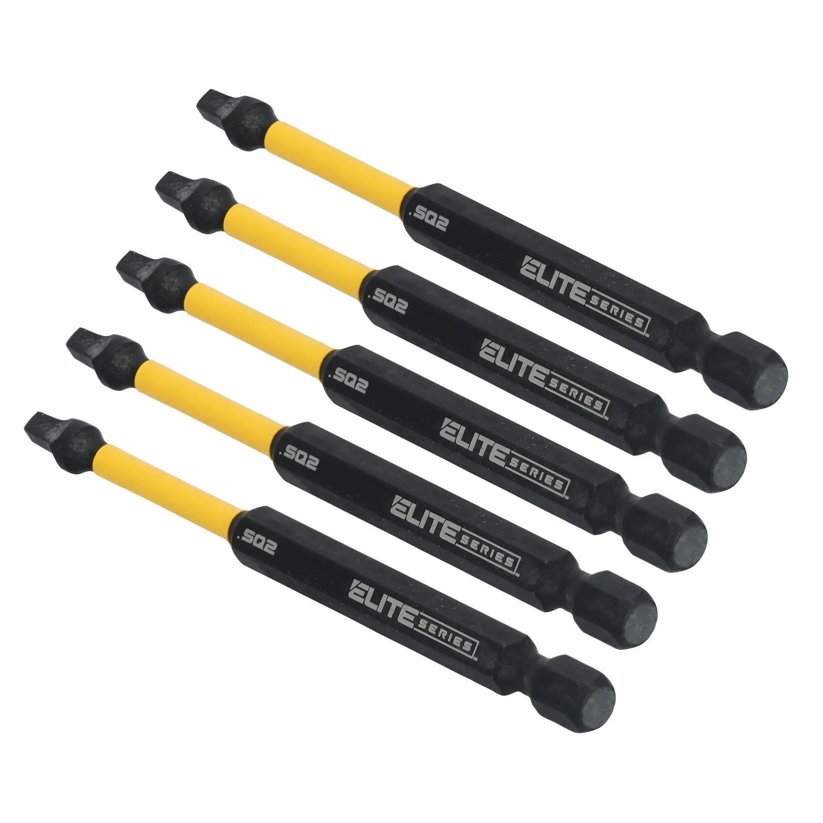 Five DEWALT Elite Series screwdriver bits with yellow shafts and black ends, arranged diagonally on a white background.