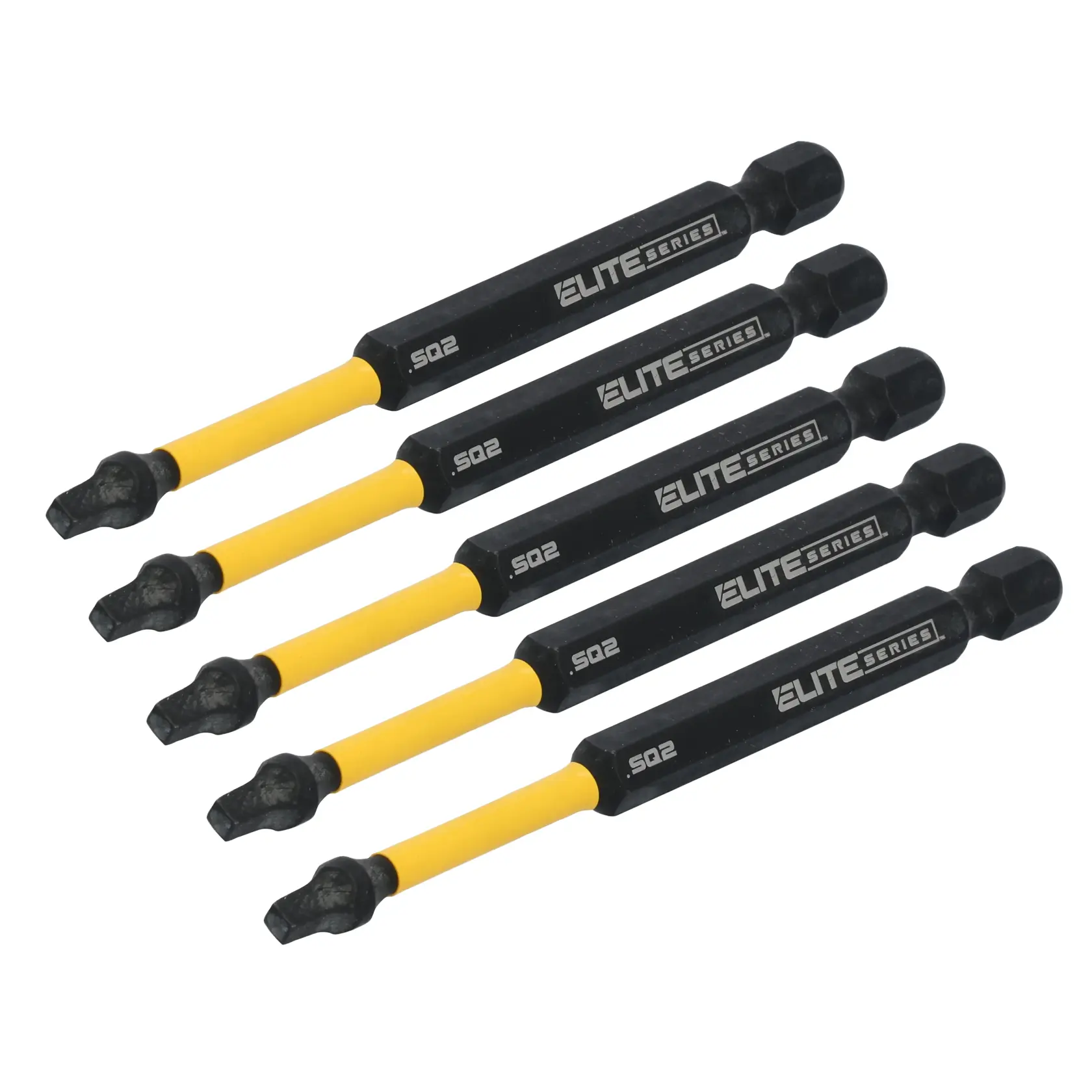 Five DEWALT Elite Series SQ2 screwdriver bits with black bodies and yellow shafts, arranged parallel on a white background.