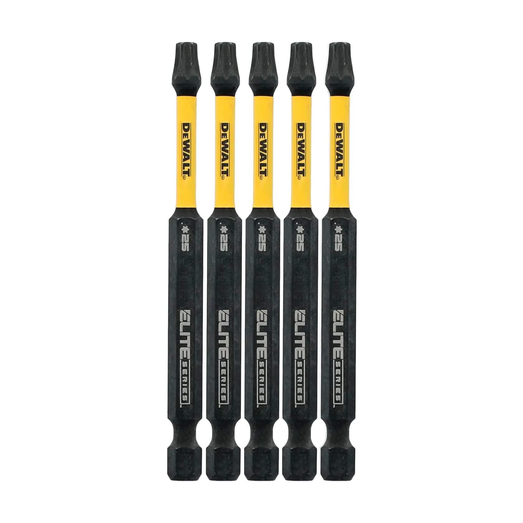 Five DEWALT Elite Series screwdriver bits with yellow and black color, displayed upright in a row.