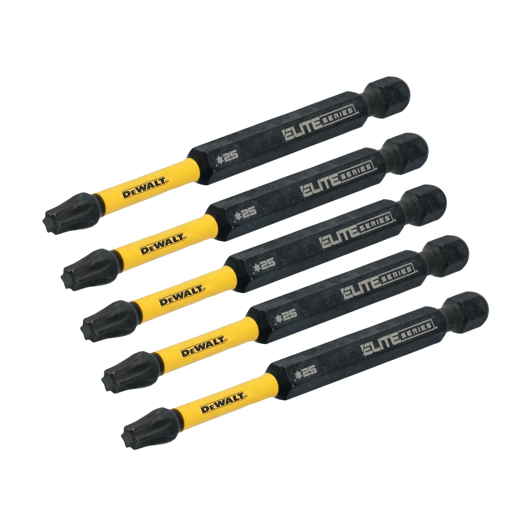 Five DEWALT Elite Series Torx screwdriver bits, size T25, arranged in a row. The bits have a black and yellow design with 'DEWALT' branding and are used for driving screws.