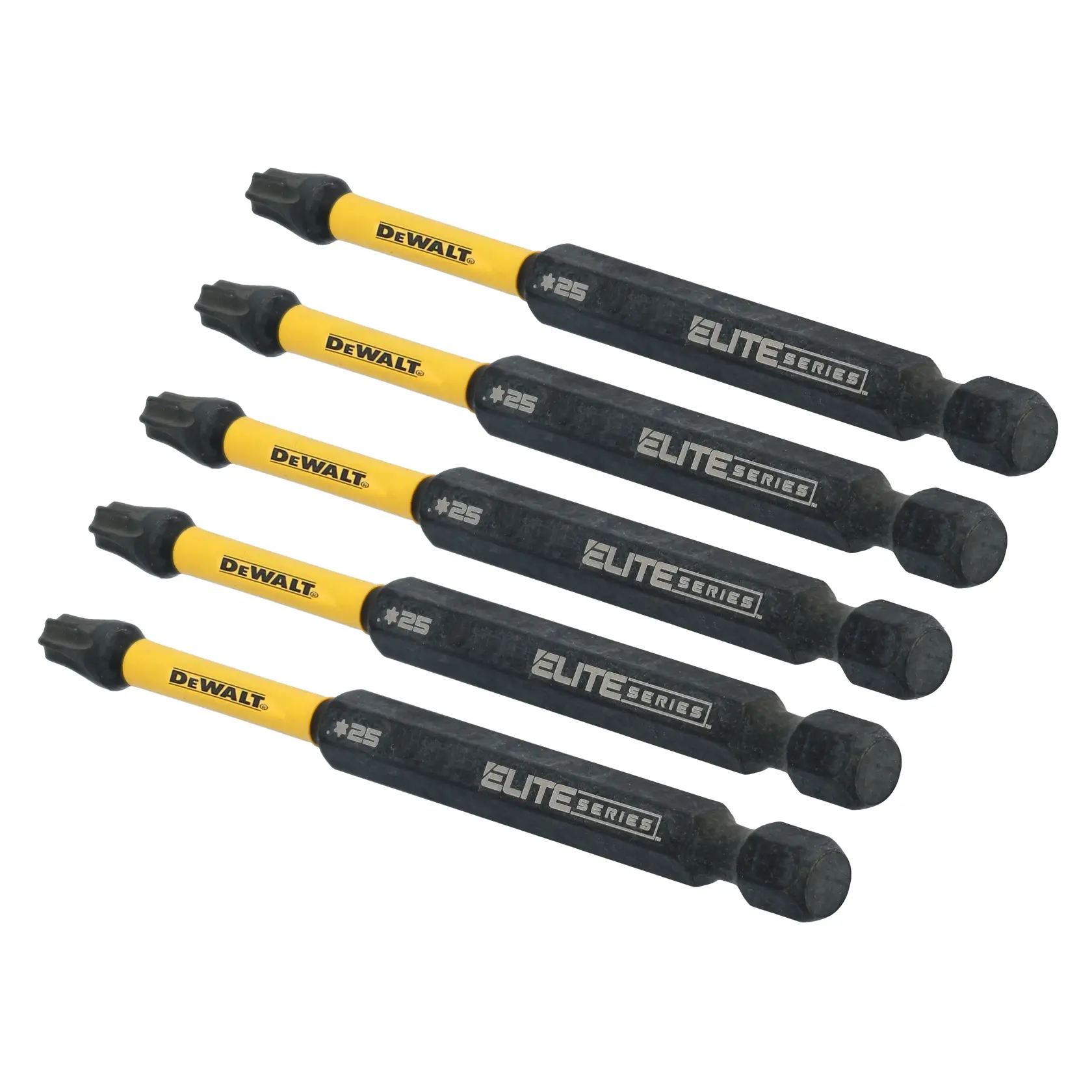 Five DEWALT Elite Series TX25 screwdriver bits arranged in a row, with yellow shafts and black tips and bases.