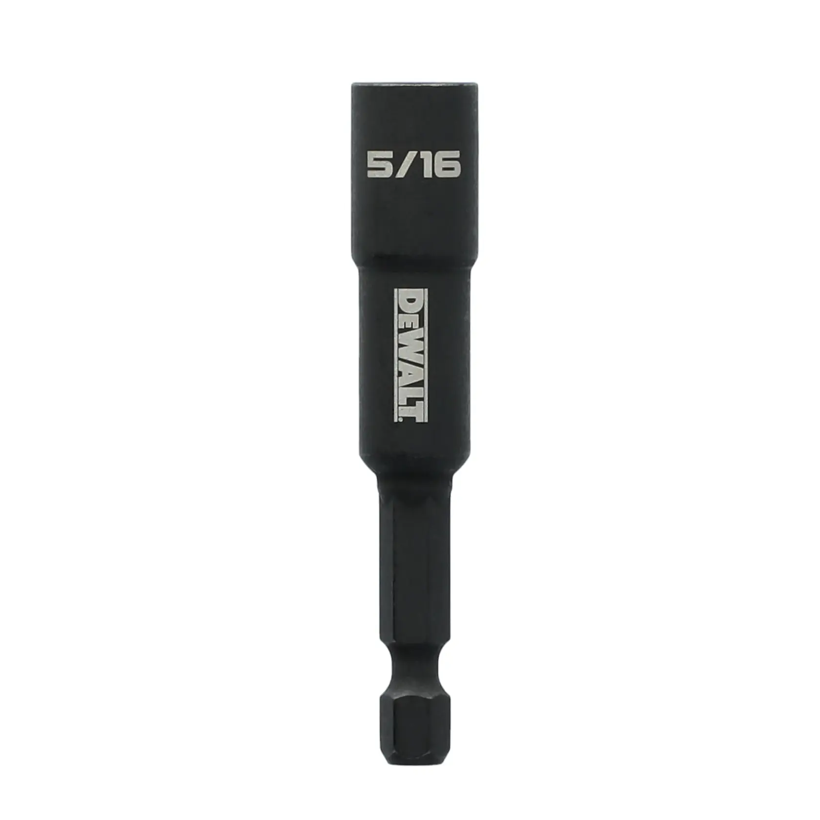 A close-up image of a DEWALT 5/16 inch magnetic nut driver bit, designed for use with power drills and screwdrivers.