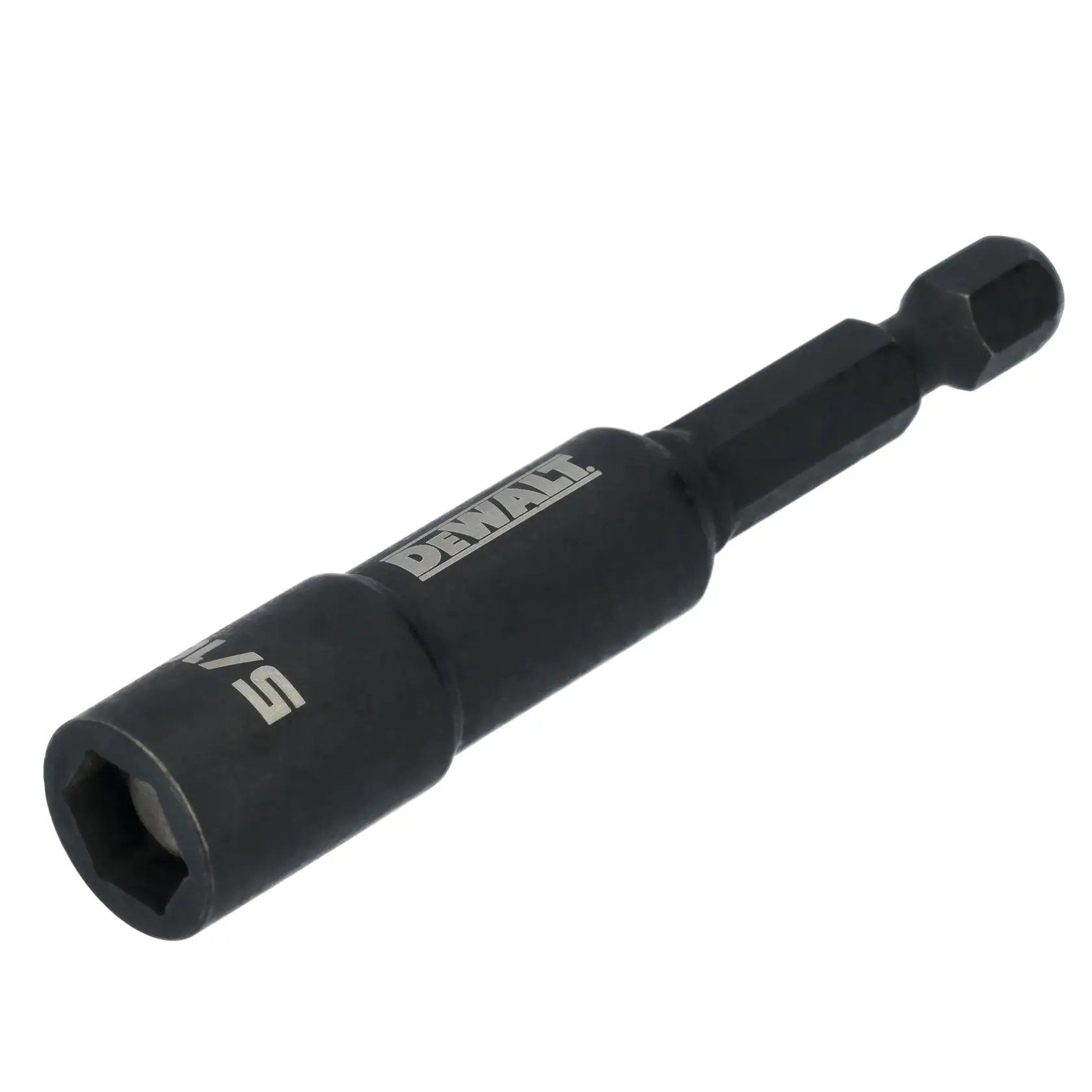 A DEWALT branded black hex nut driver bit with a hexagon socket and a shank designed to fit into a drill or screwdriver.