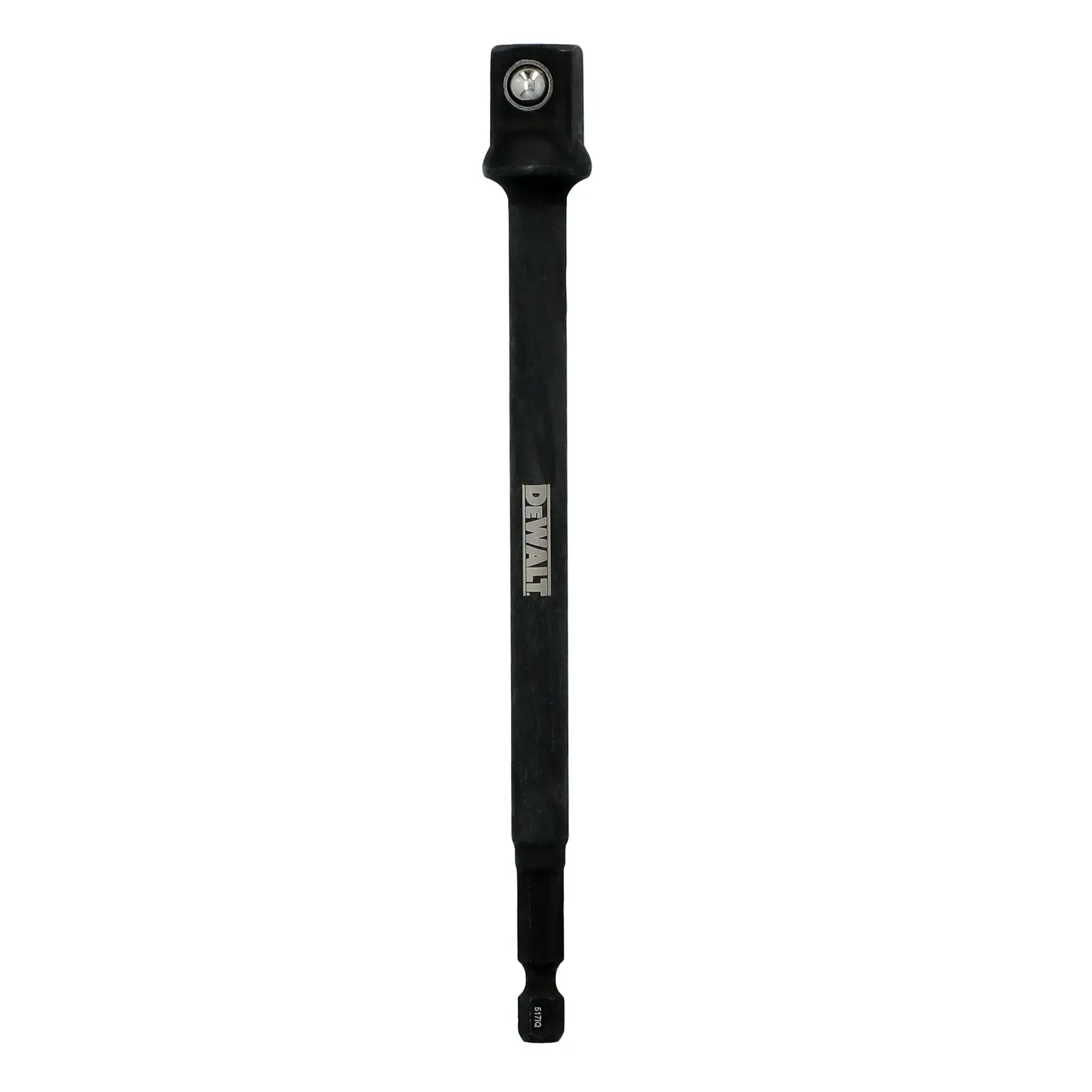 A DEWALT branded black metal socket adapter designed for use with power tools, shown vertically against a white background.
