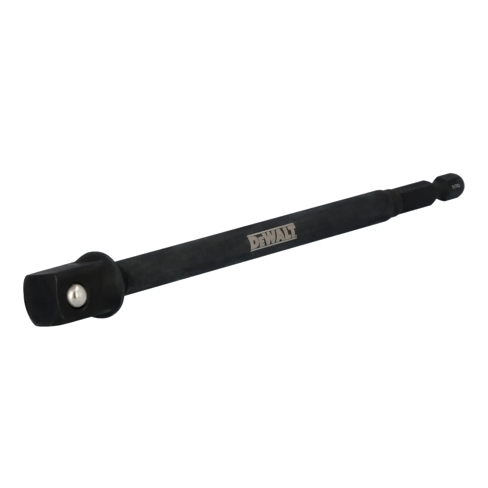 A DEWALT branded black metal drill bit extension adapter, designed for connecting drill bits to power tools.