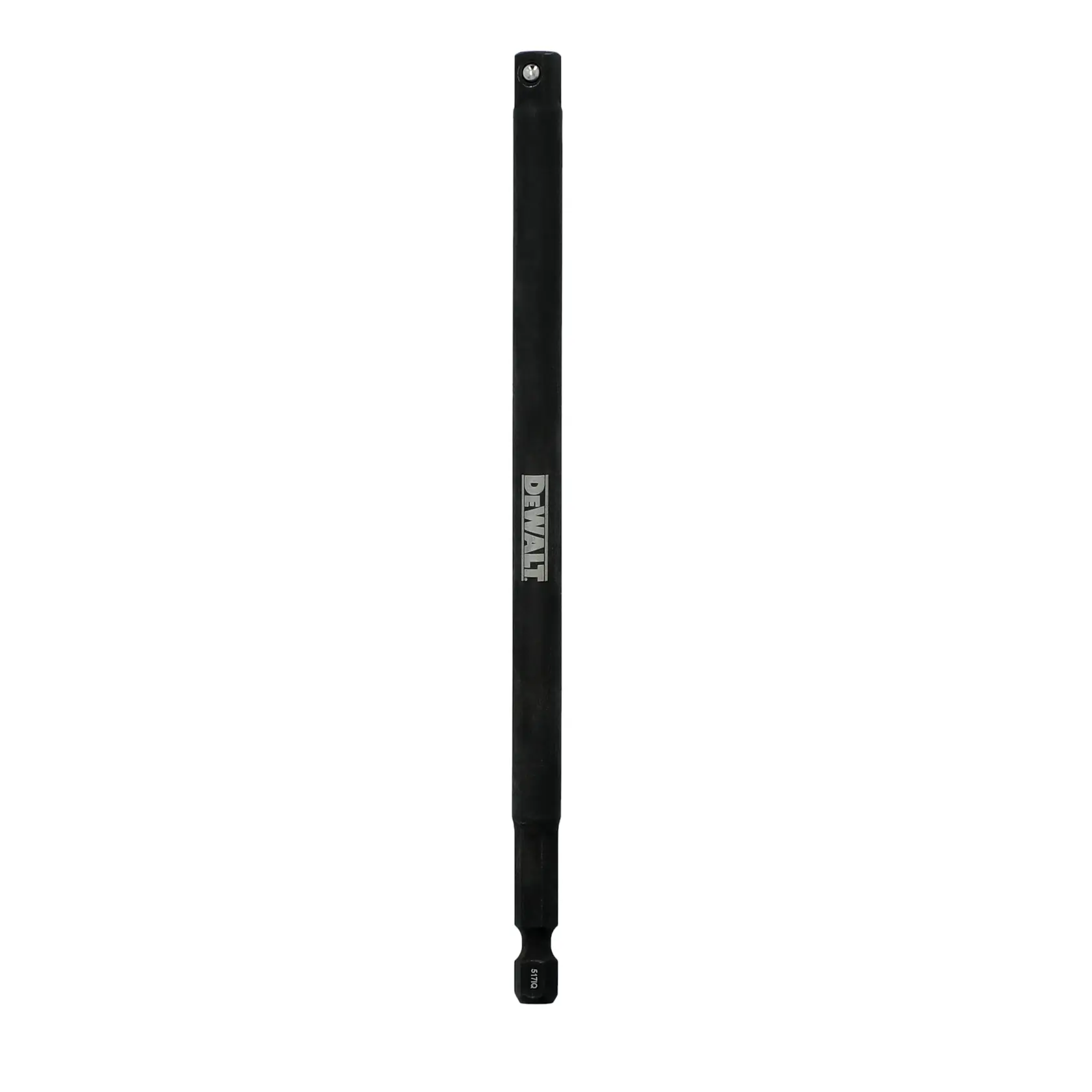 A DEWALT branded black extension drill bit adapter, shown vertically on a white background.