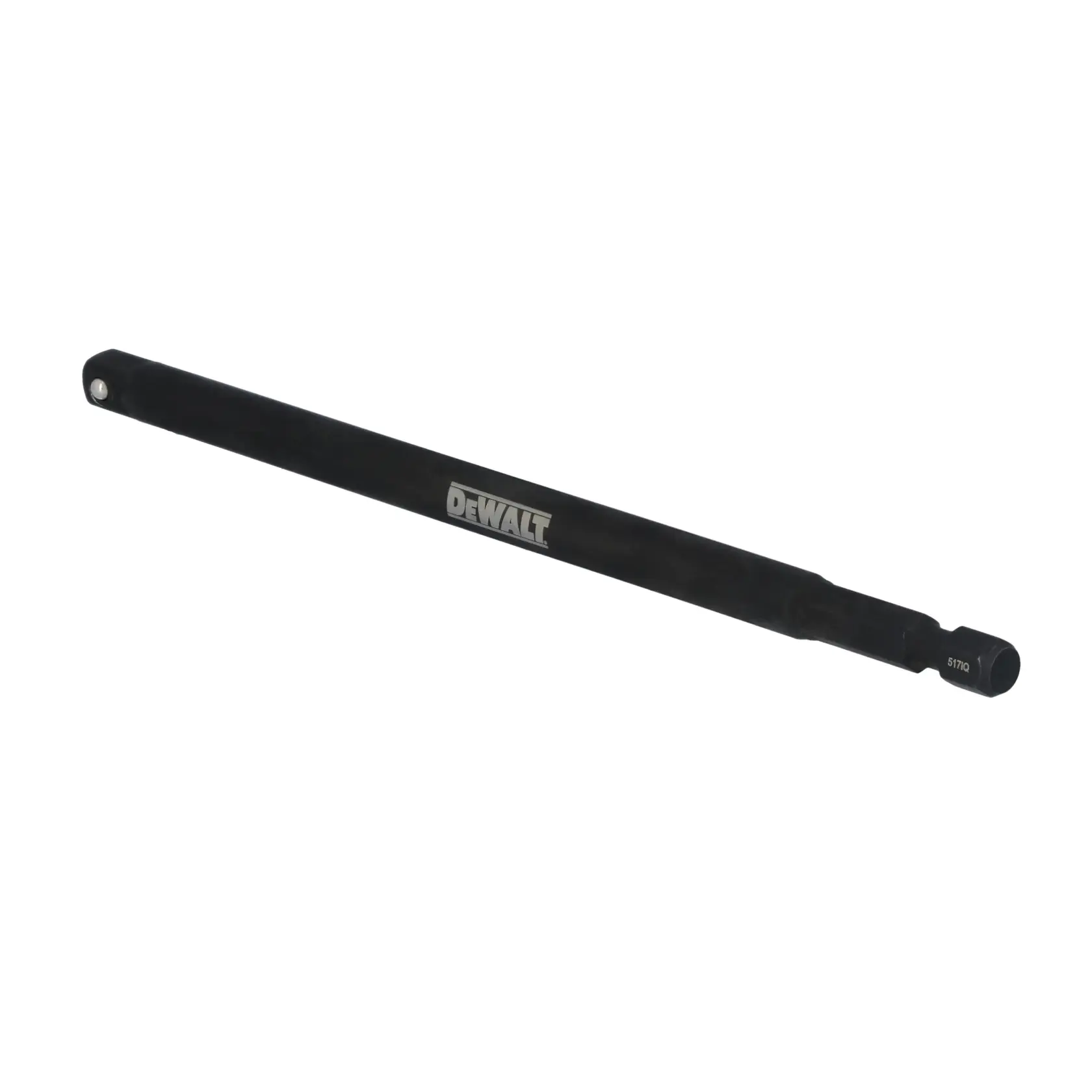 A DEWALT branded black metal extension adapter, shown on a white background. The item is elongated with a hexagonal end for tool attachment.