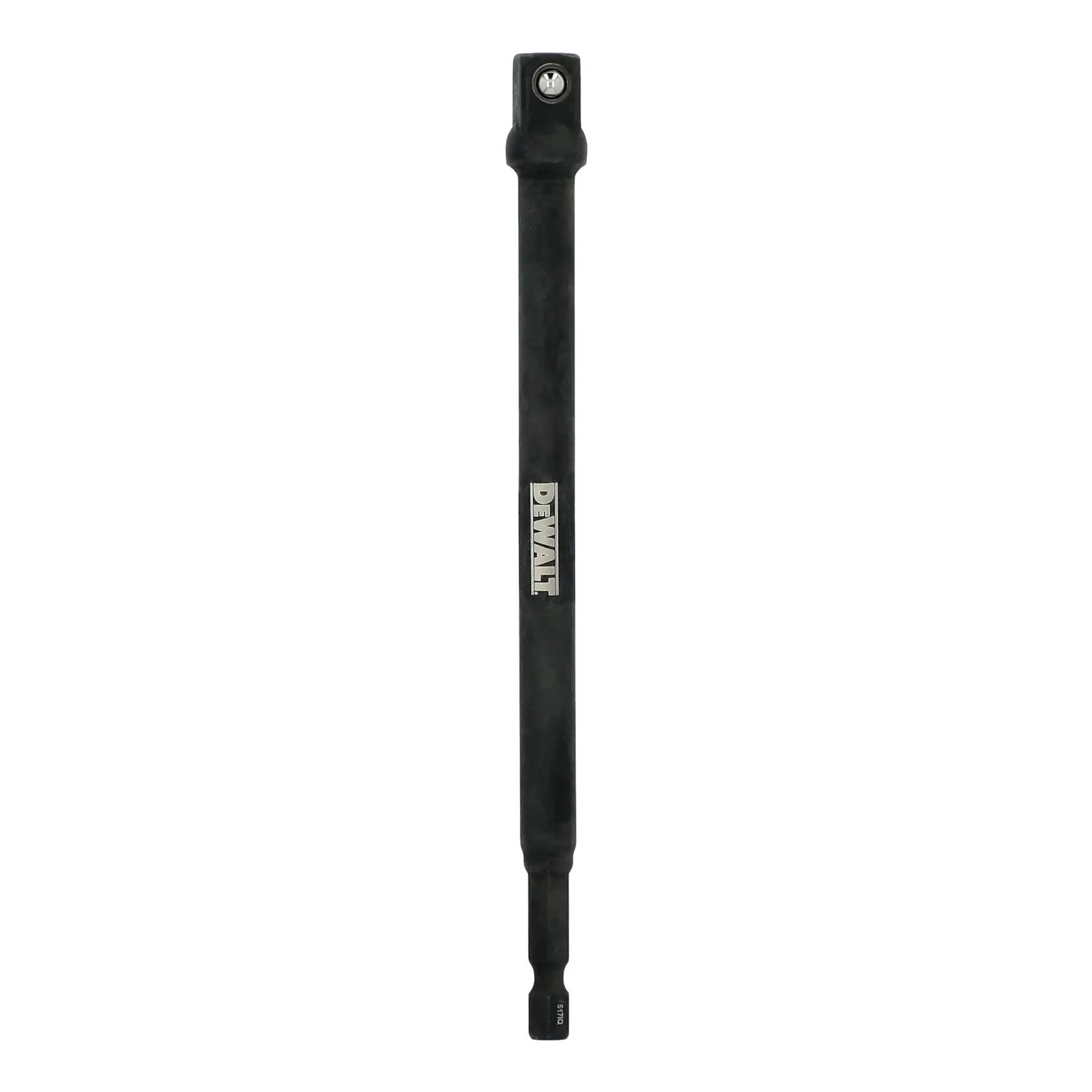 A DEWALT branded black socket adapter extension bar for use with power tools, shown on a white background.