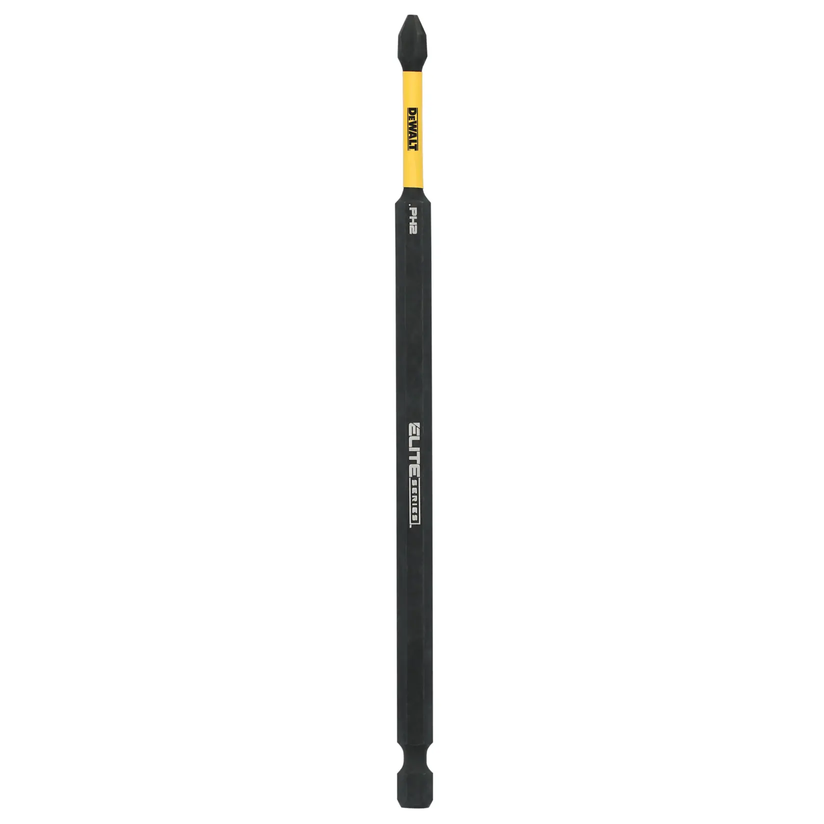 A DEWALT DWAFE6PH2IR Elite Series Phillips #2 screwdriver bit, featuring a long black shaft with a yellow DEWALT branding near the tip.
