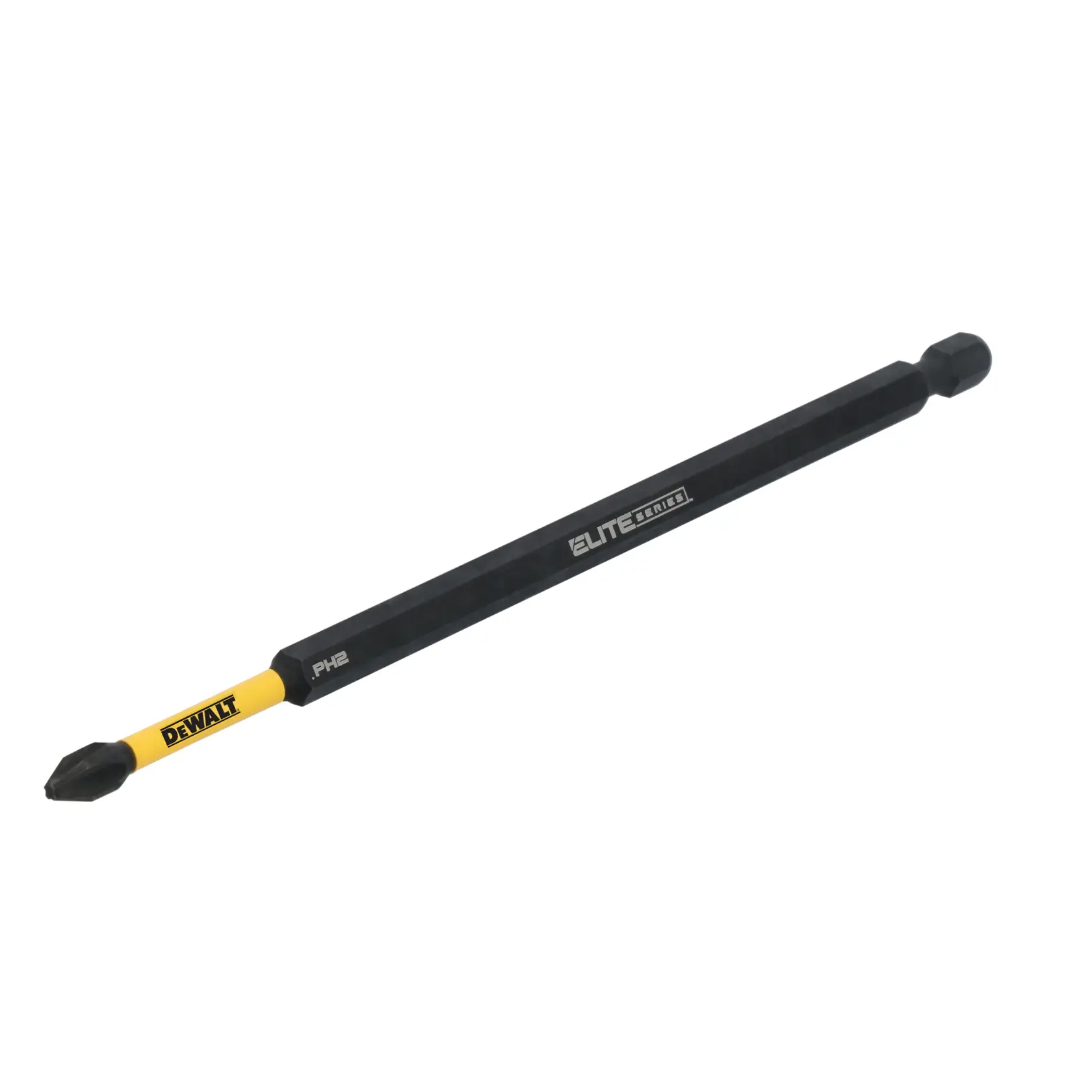A DEWALT Elite Series PH2 screwdriver bit with a yellow and black shaft, designed for use with power tools.