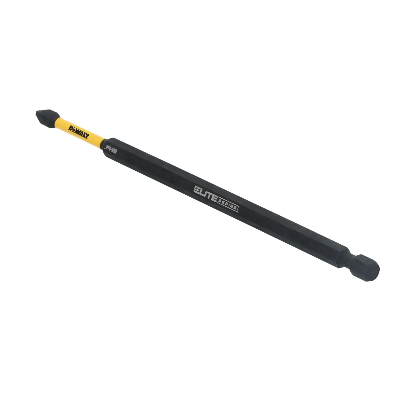 A DEWALT Elite Series PH2 impact driver bit with a yellow and black color scheme. The bit is designed for use with power tools and is labeled PH2.