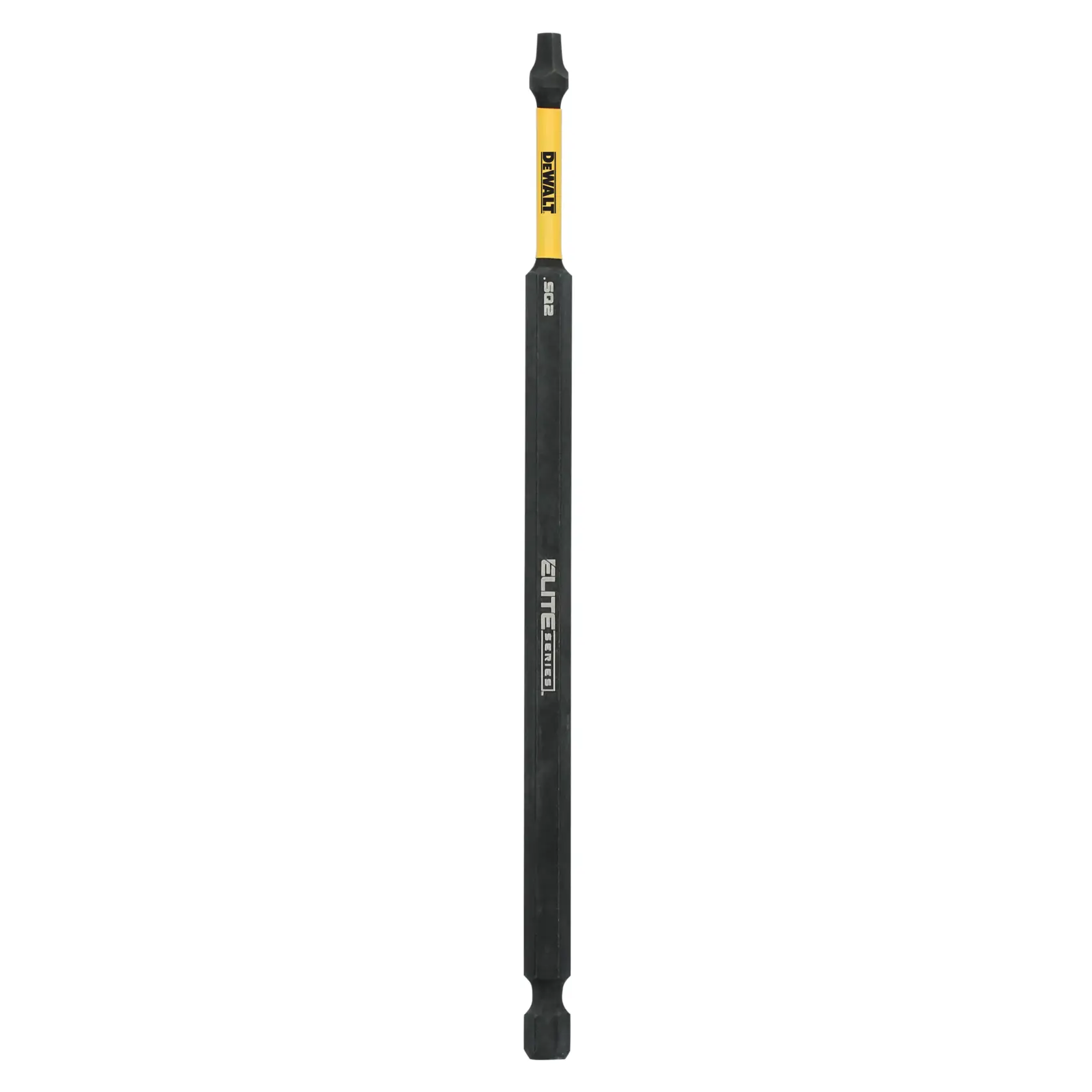 A DEWALT Elite Series long screwdriver bit with a black and yellow design, intended for use with power tools.