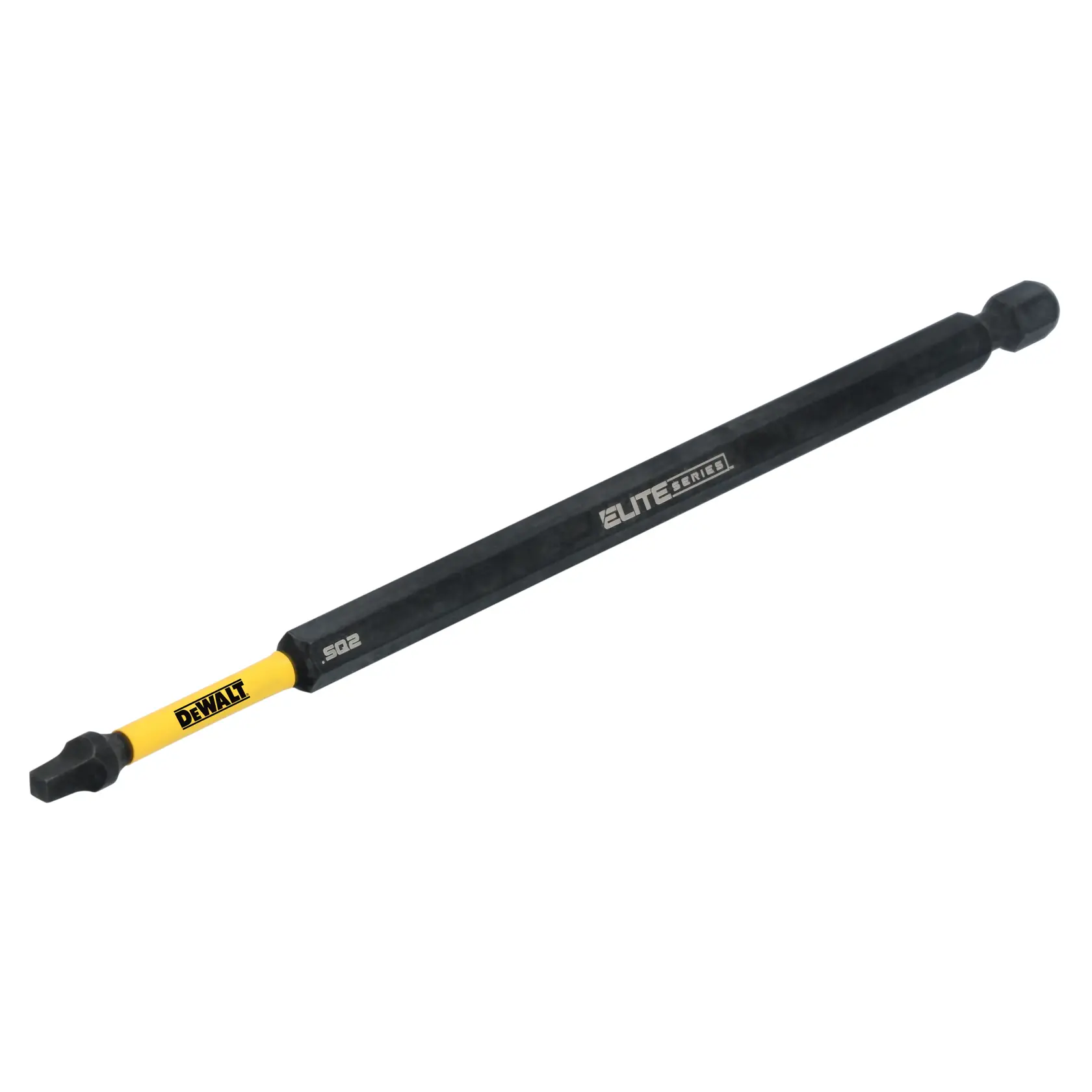 A DEWALT Elite Series SQ2 screwdriver bit with a long black and yellow shaft, designed for use with power tools.