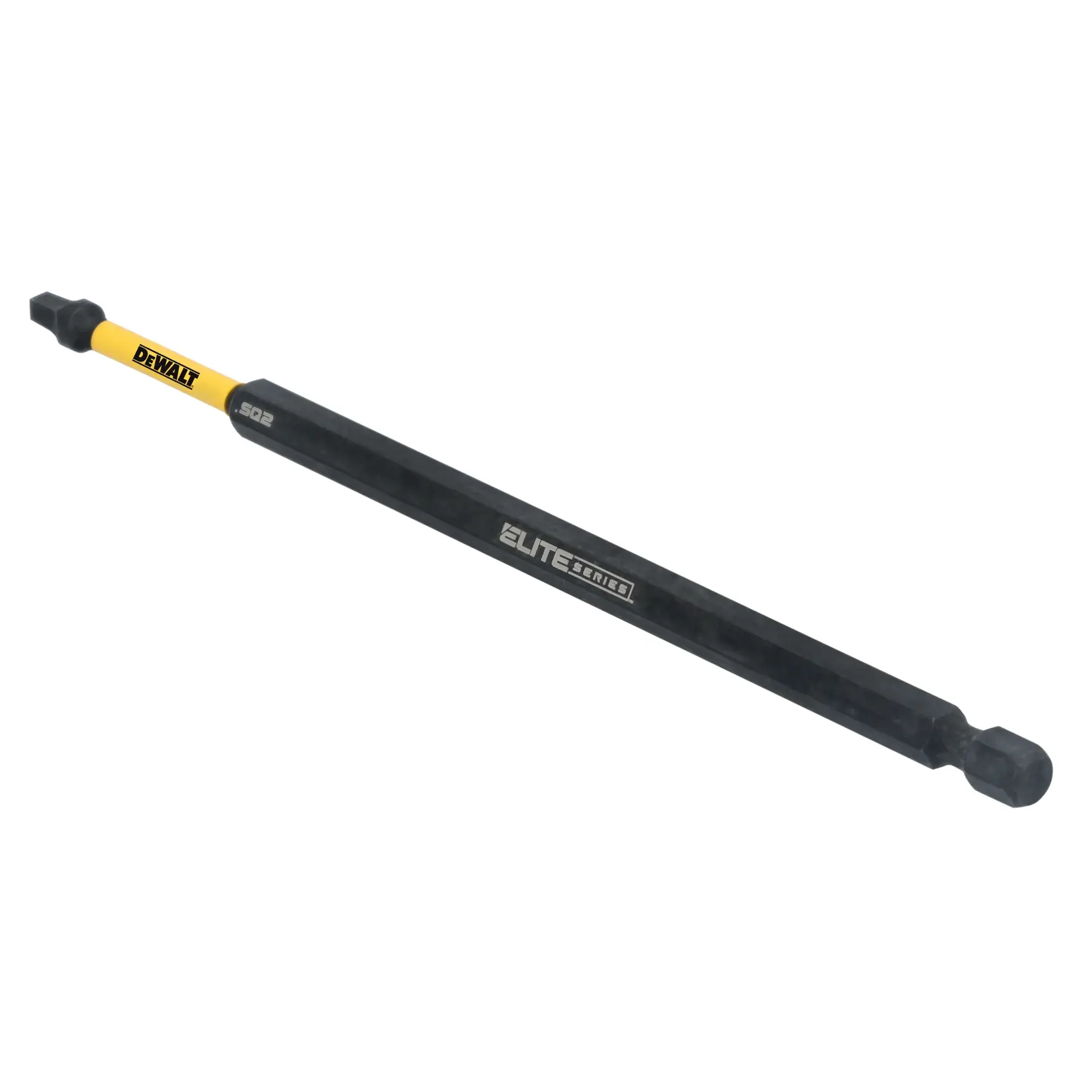 A DEWALT Elite Series long screwdriver bit with a yellow accent and DEWALT branding, designed for use with power tools.