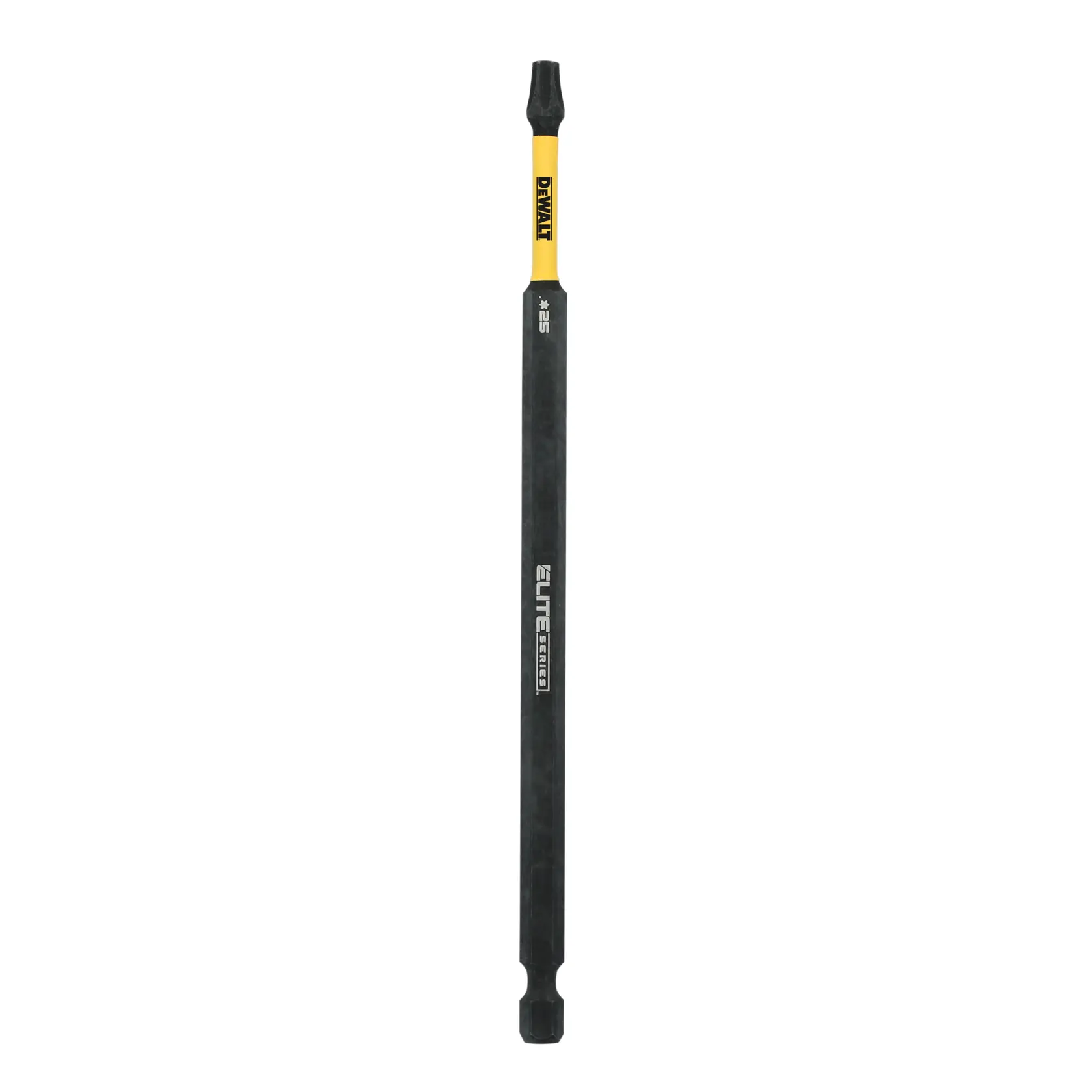 A DEWALT Elite Series screwdriver bit with a yellow and black design. The bit is elongated and features a hexagonal shank for use with power tools.