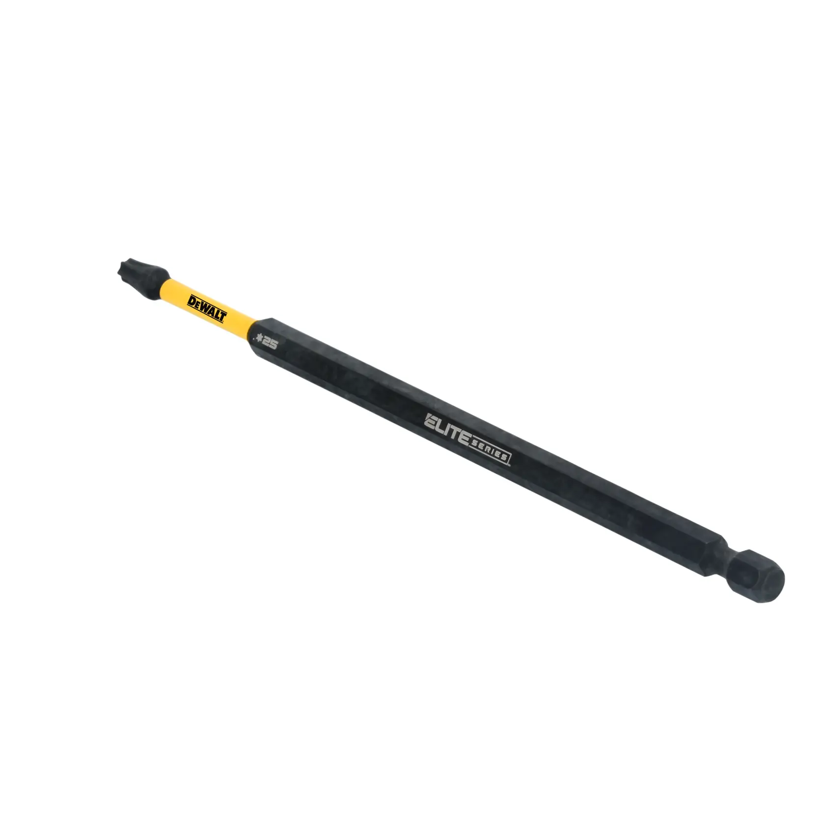 A DEWALT Elite Series extended screwdriver bit with a yellow DEWALT logo and black shaft, used for driving screws.